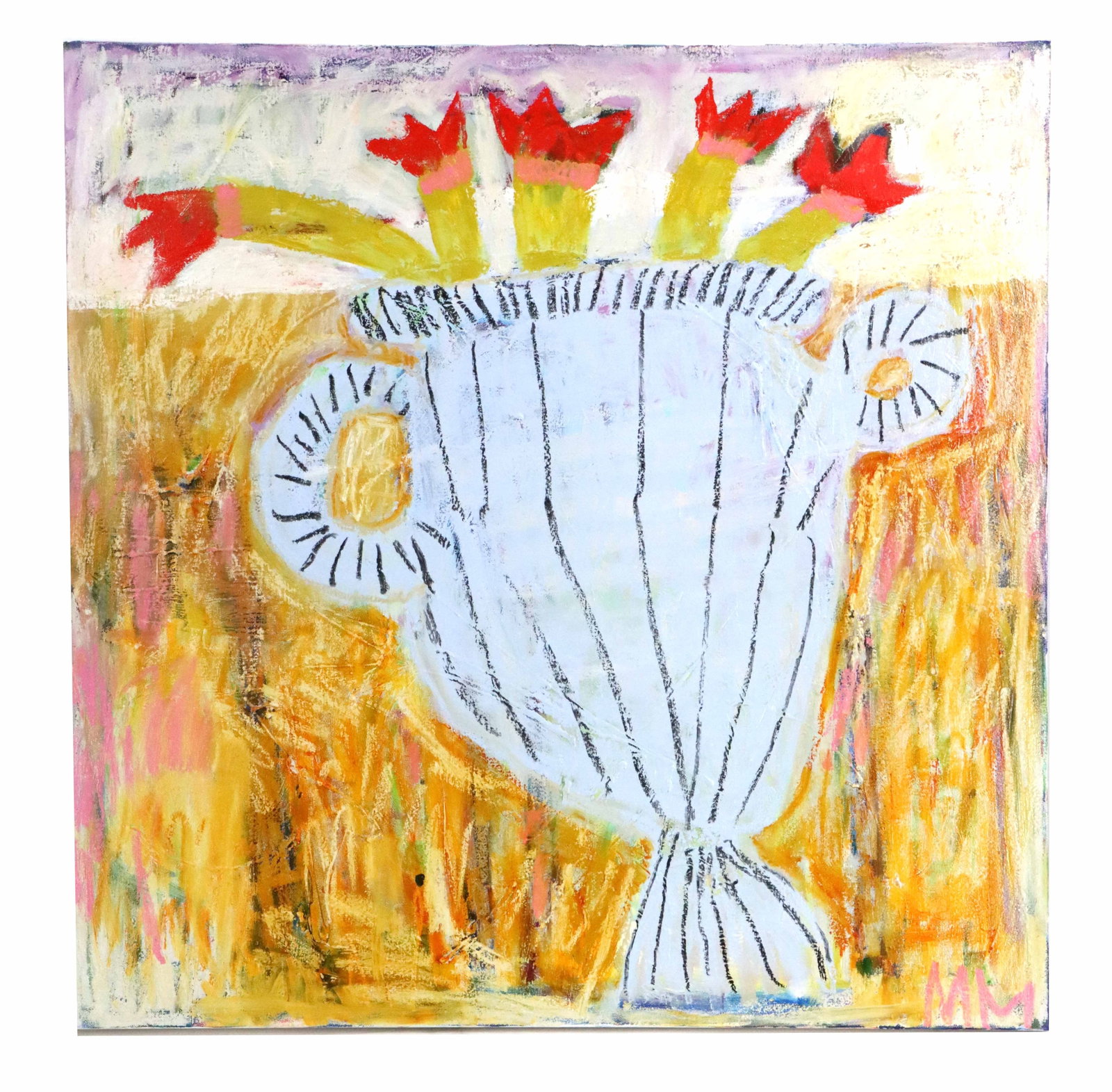Mary Murdoch (20th/21st Century) Canadian, "Tulips" Mixed Media on Canvas: Mary Murdoch (20th/21st Century) Canadian, "Tulips" Mixed Media on Canvas. Unframed. Oil stick and acrylic create the vibrant image of flowers emerging from an enormous pot. Signed "MM&