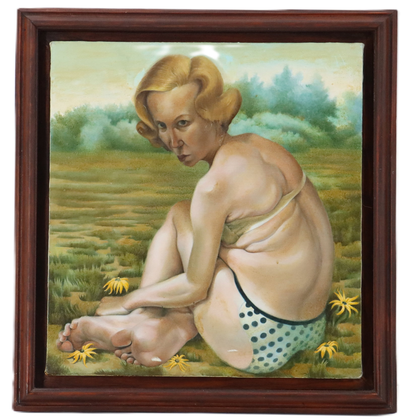 Jennier Knauss (Born 1963) American, Oil on Canvas Seated Woman: Jennier Knauss (Born 1963) American, Oil on Canvas Seated Woman. Depicting a seated woman in polka-dot swimwear gazes over her shoulder with an intense, skeptical expression in this stylized portrait 