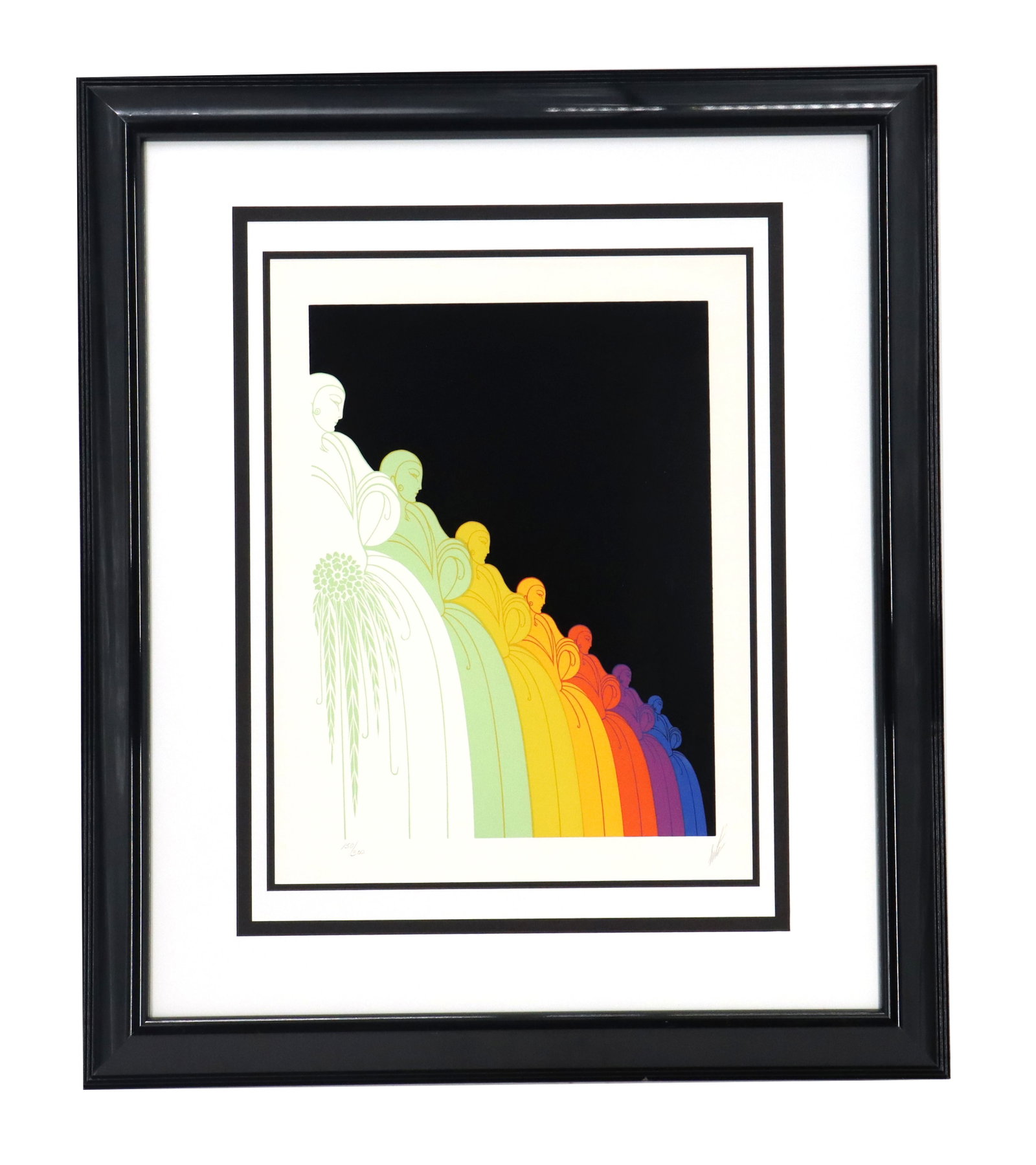 Erte (1892-1990) Russian, Limited Edition Art Deco Serigraph Print "Les Jolies Dames": Erte (1892-1990) Russian, Limited Edition Art Deco Serigraph Print "Les Jolies Dames". Art Deco print features a descending row of stylized, draped figures in a vibrant rainbow gradient