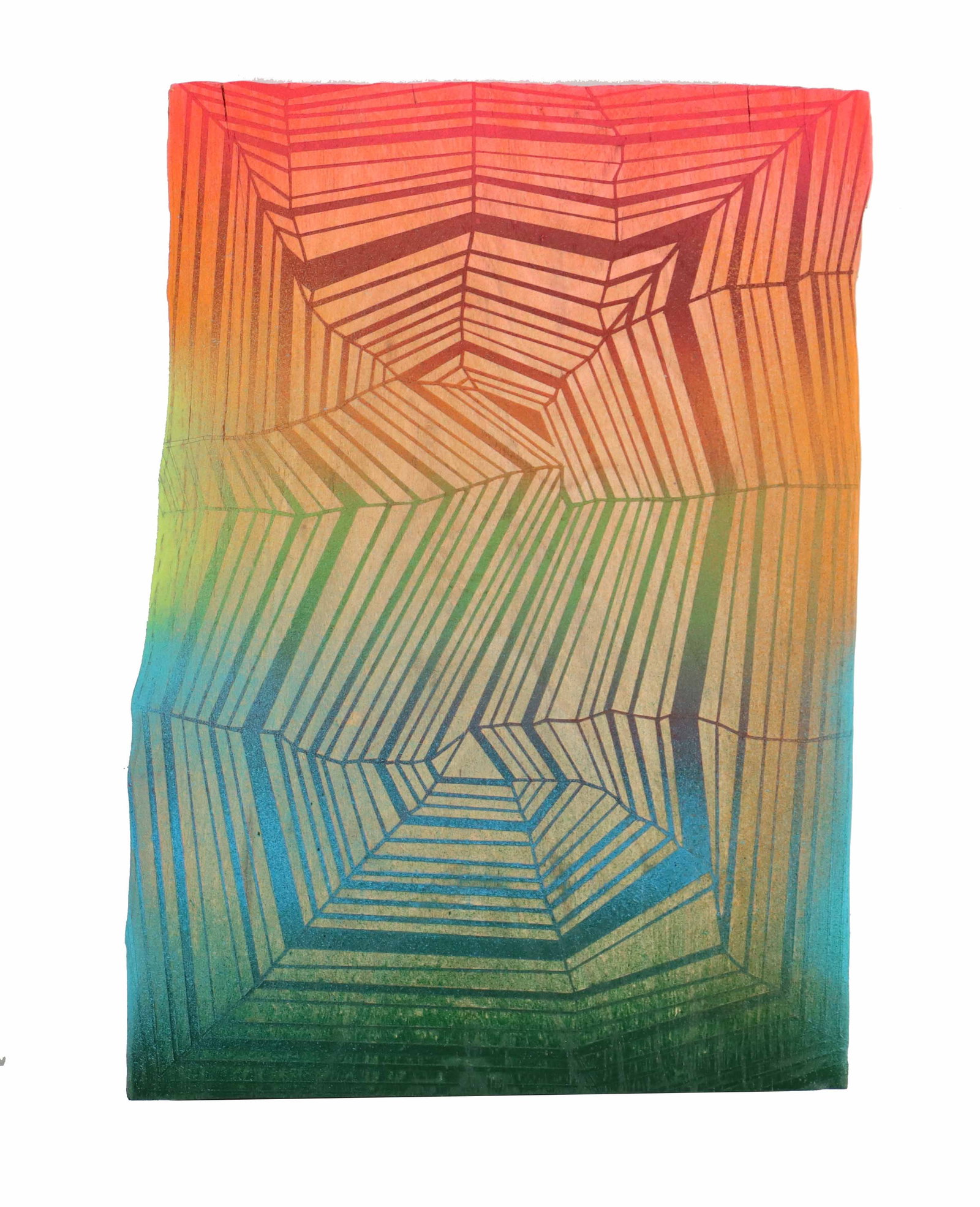 Jason Middlebrook (Born 1966) American, Geometric Abstract Oil on Natural Wood Wall Art: Jason Middlebrook (Born 1966) American, Geometric Abstract Oil on Natural Wood Wall Art. Rainbow Composition with geometric detail painted on natural American Elm. With personalized message from artis