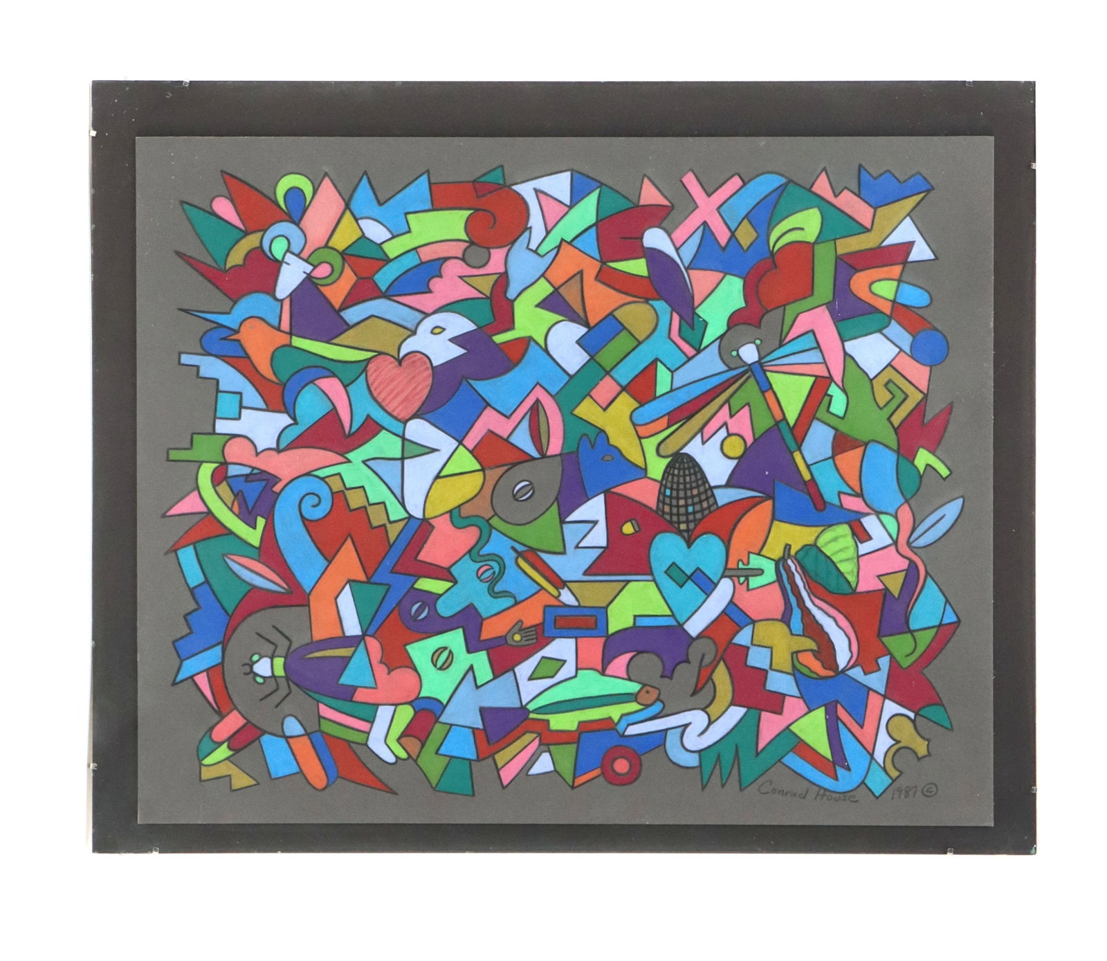 Conrad House (1956-2001) Navajo, "Life's Valentine #1" Prismacolor Pencil on Matte Board: Conrad House (1956-2001) Navajo, "Life's Valentine #1" Prismacolor Pencil on Matte Board. Displays a dizzying array of symbols and shapes in vibrant colors. Signed and dated 1987 along w