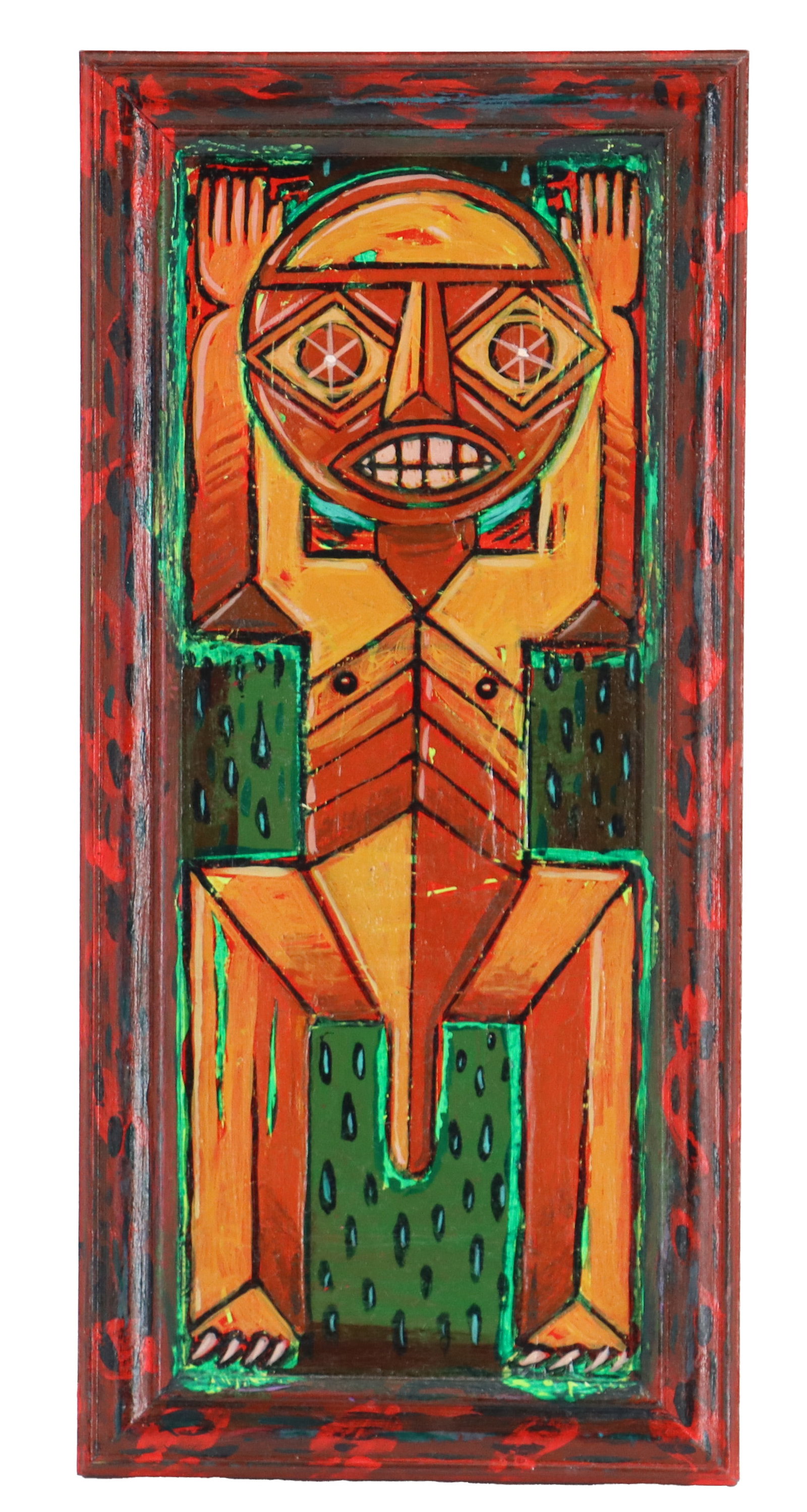 Vinnie Nylon (Born 1969) British, Mixed Media on Wood Panel, "Fertility Goddess": Vinnie Nylon (Born 1969) British, Mixed Media on Wood Panel, "Fertility Goddess". Vibrant, neo-expressionist painting depicts a stylized, totemic figure with geometric features and uplifted 