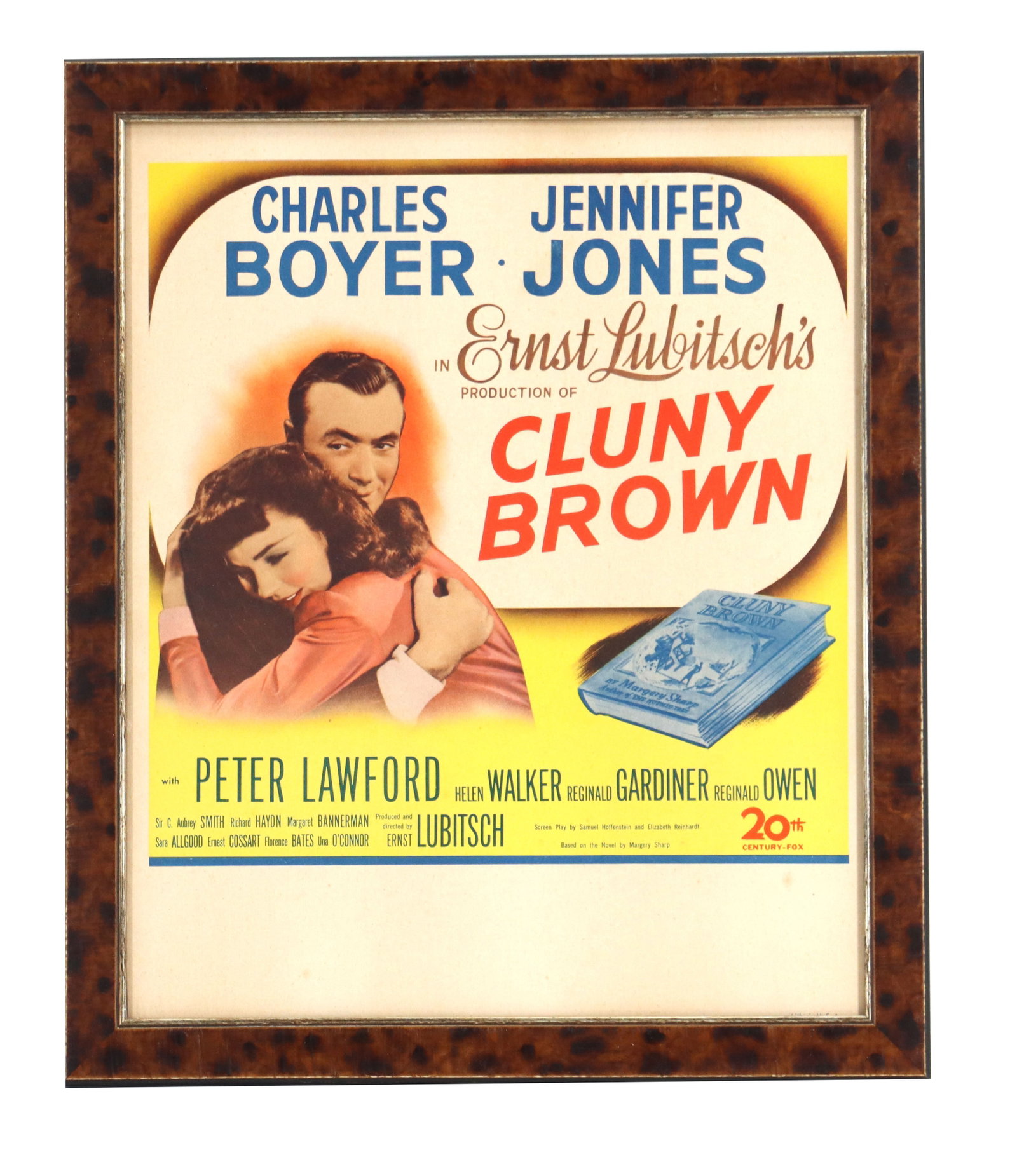 1946 "Cluny Brown" One-Sheet Movie Poster: 1946 "Cluny Brown" One-Sheet Movie Poster. Vintage movie poster for the 1946 Ernst Lubitsch production Cluny Brown, featuring lead actors Charles Boyer and Jennifer Jones in an embrace along