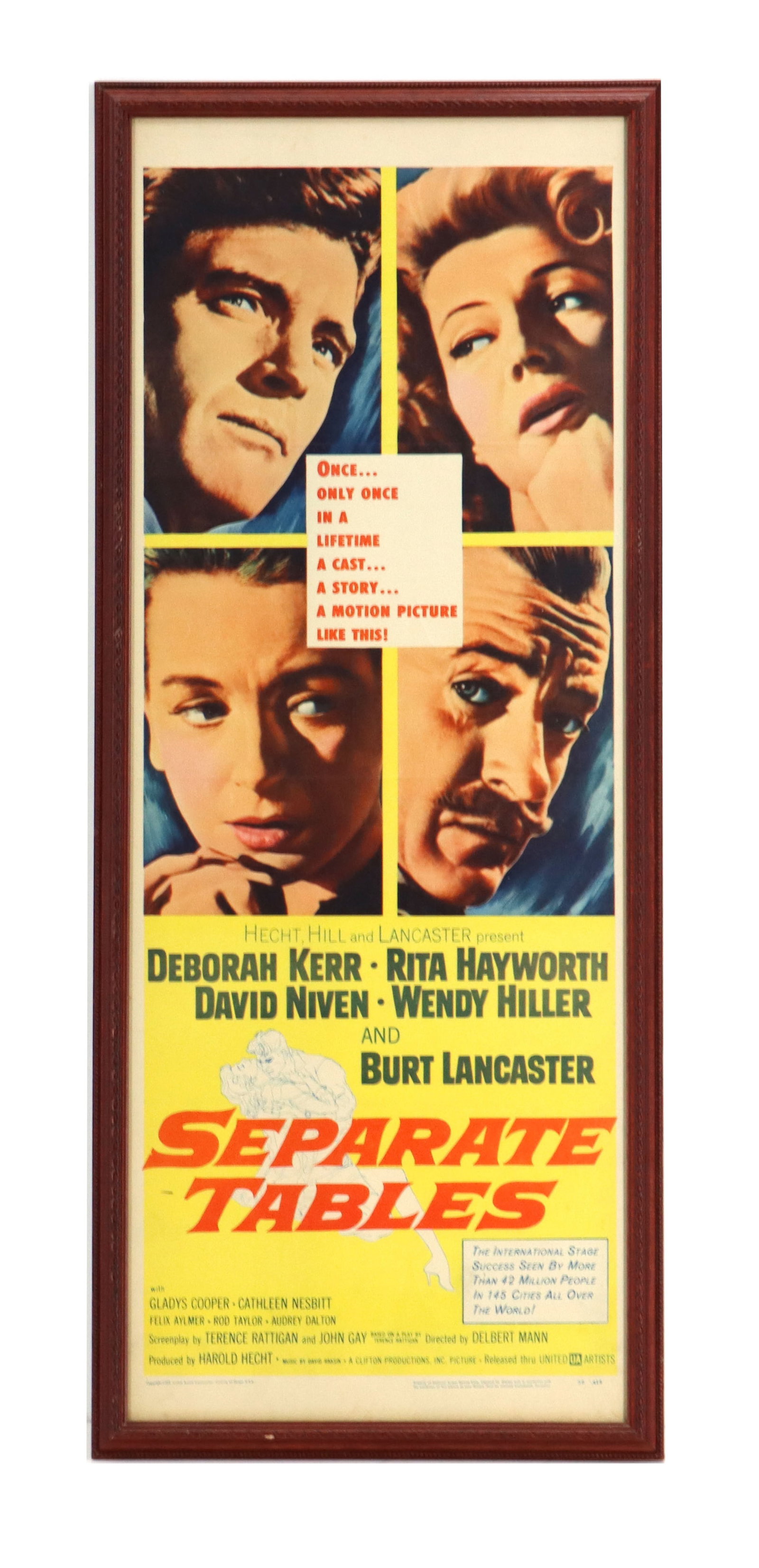 1956 "Separate Tables" One-Sheet Movie Poster: 1956 "Separate Tables" One-Sheet Movie Poster. Vintage insert movie poster for the 1958 film Separate Tables, featuring a grid of lead actors Deborah Kerr, Rita Hayworth, David Niven, a