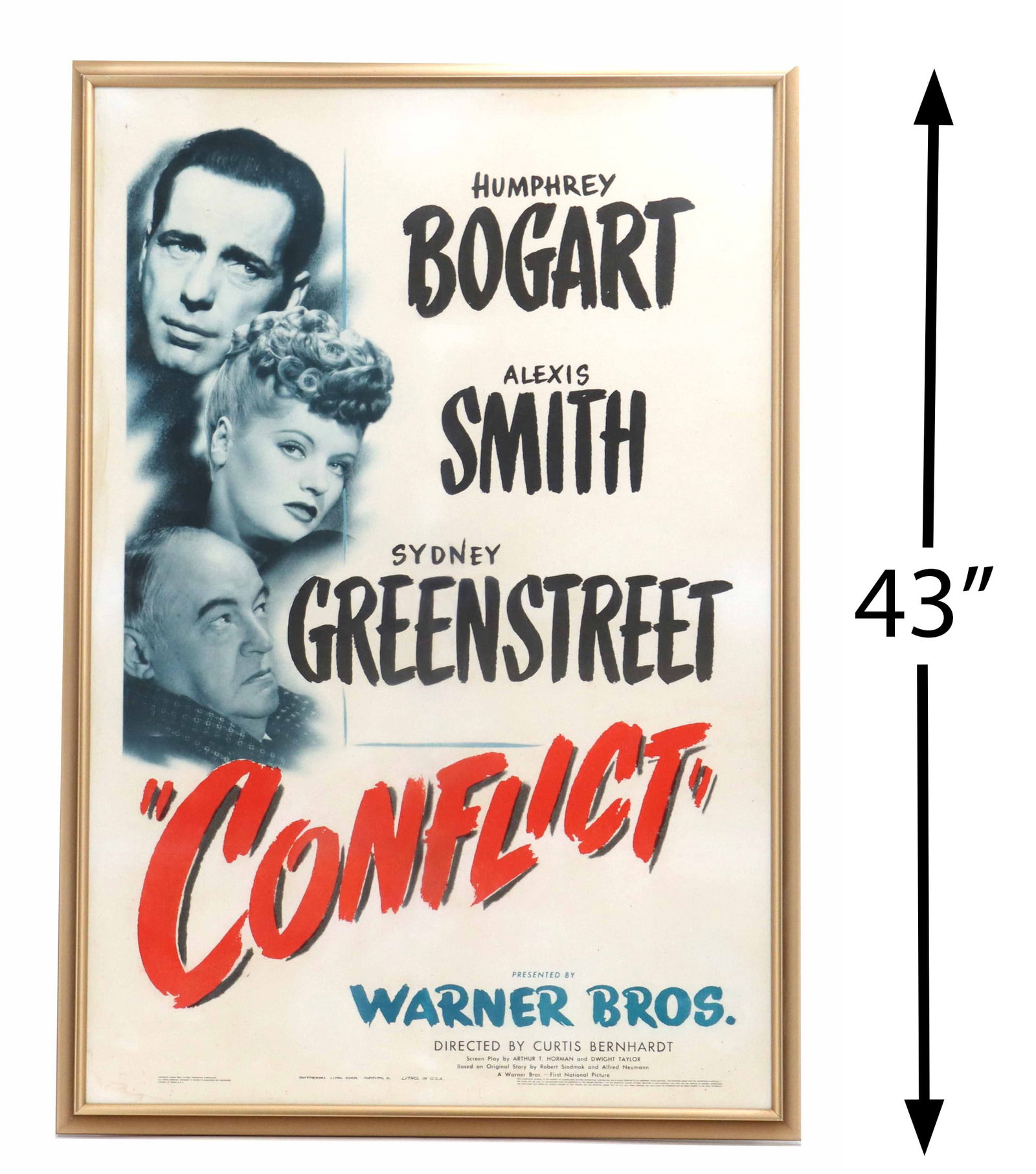 1945 "Conflict" One-Sheet Film Poster: 1945 "Conflict" One-Sheet Film Poster. Vintage movie poster for the 1945 film noir "Conflict," featuring prominent portrait headshots of stars Humphrey Bogart, Alexis Smith, and Sy