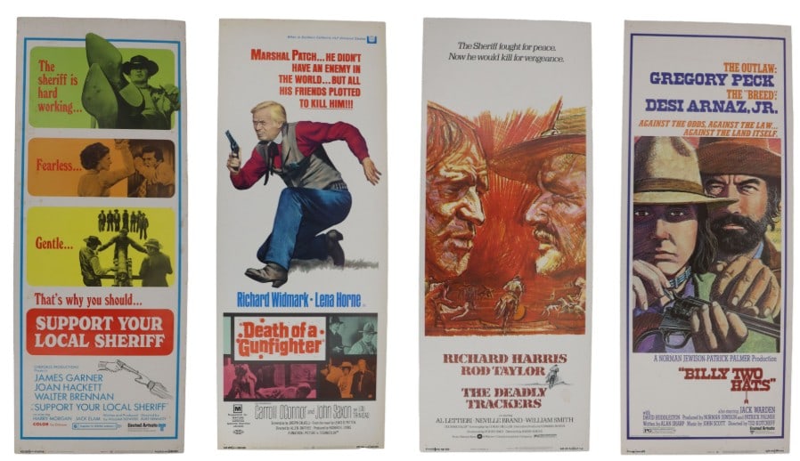 4 Western & Cowboy Movie Poster Inserts: Support Your Local Sheriff! is a 1969 American comedy Western film directed by Burt Kennedy and starring James Garner, Joan Hackett, and Walter Brennan. Death of a Gunfighter is a 1969 American 