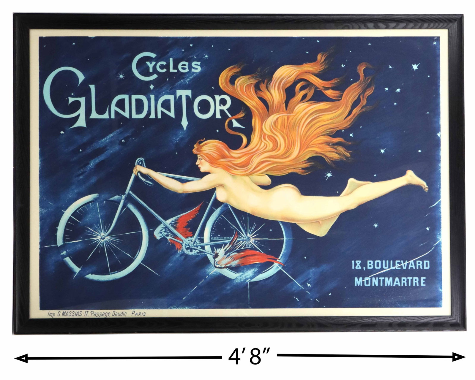 Huge French Lithograph Print Advertising Poster "Cycles Gladiator": Huge French Lithograph Print Advertising Poster "Cycles Gladiator". Large vintage lithograph poster for "Cycles Gladiator," featuring an iconic Art Nouveau illustration of a n