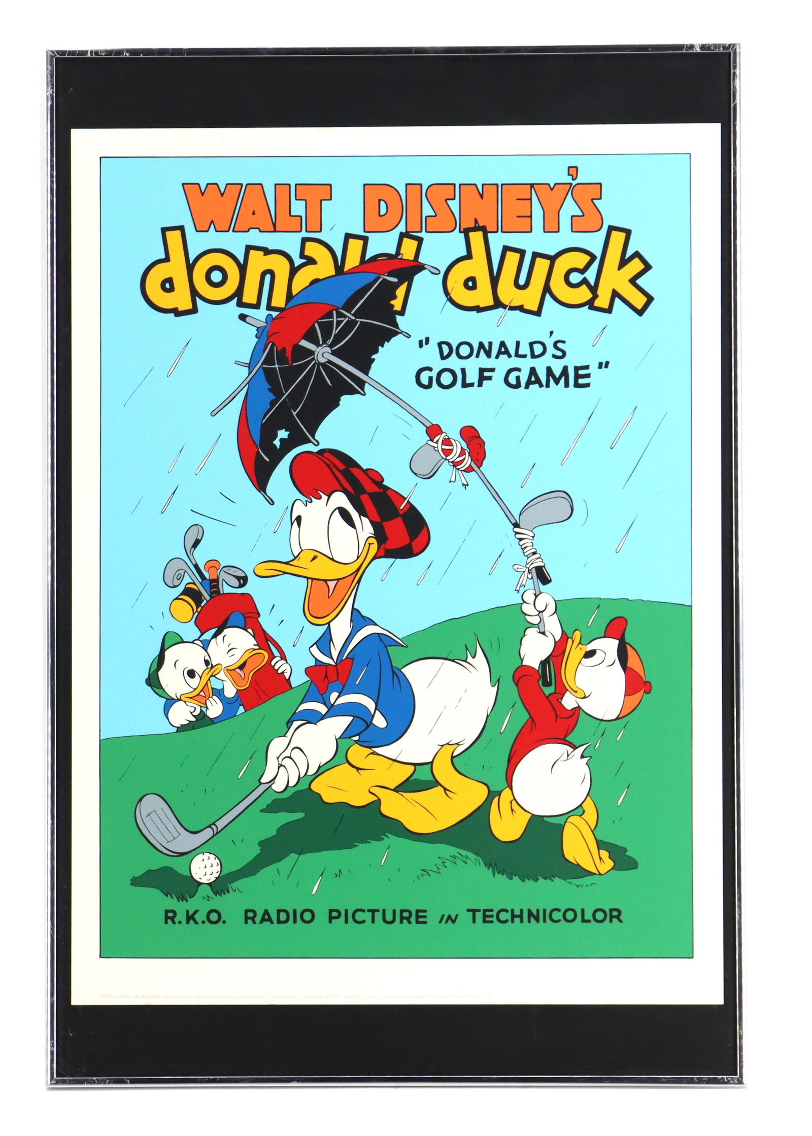 1939 Walt Disney's Donald Duck "Donald's Golf Game" Serigraph Poster: 1939 Walt Disney's Donald Duck "Donald's Golf Game" Serigraph Poster. Poster for the 1938 Walt Disney cartoon Donald's Golf Game, depicting Donald Duck attempting to putt in
