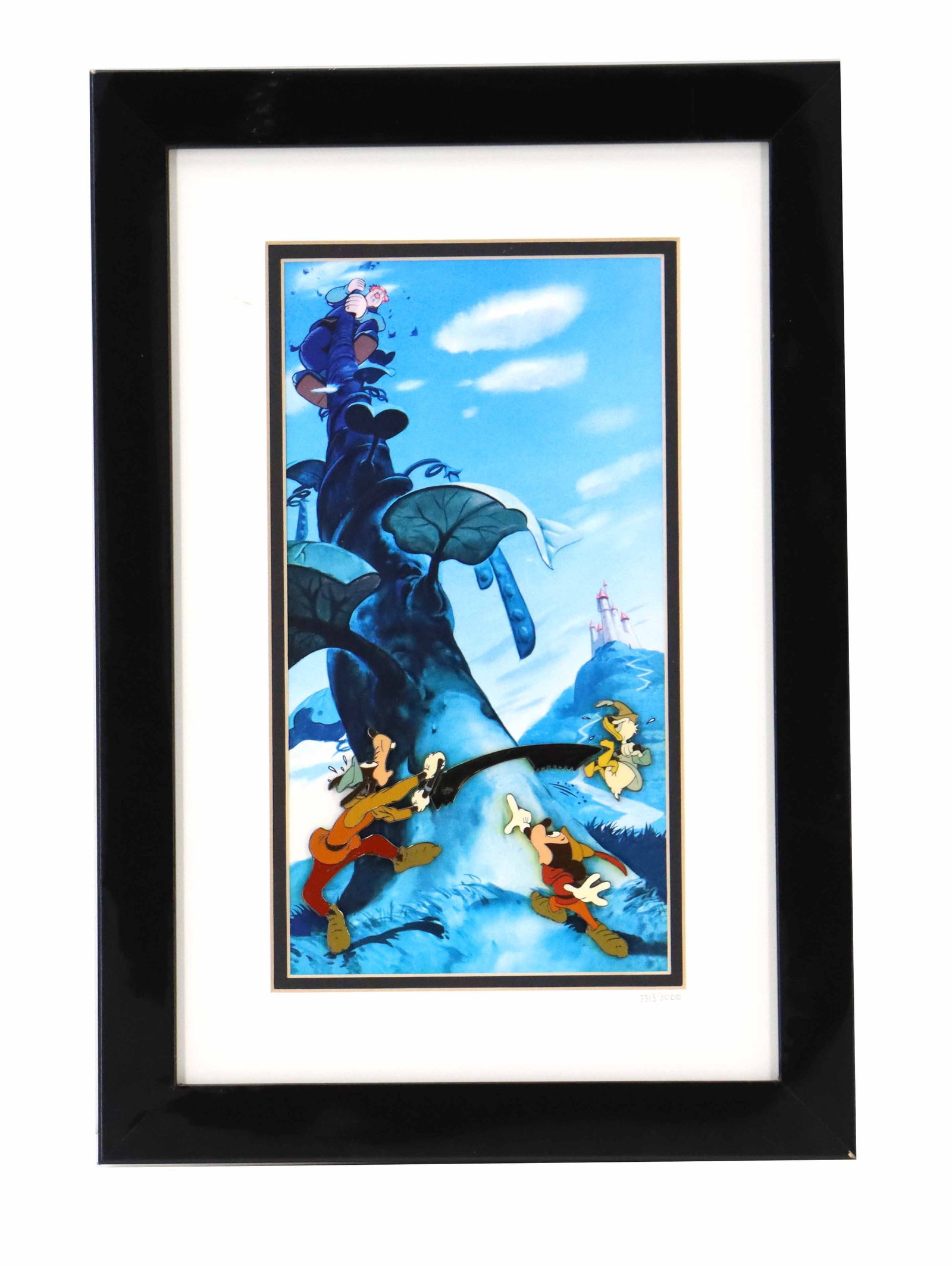 Limited Edition Mickey and the Beanstalk Framed Pin Set: Limited Edition Mickey and the Beanstalk Framed Pin Set. Numbered. A vibrant, multi-layered cel-style scene depicting Goofy and Mickey Mouse actively sawing down the iconic beanstalk w