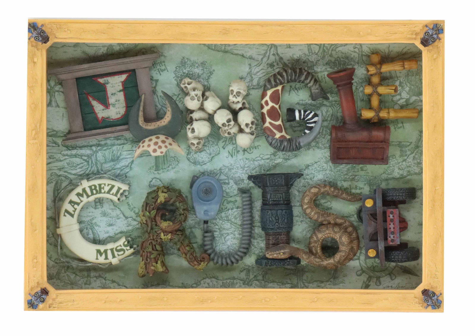 Dave Avanzino (21st Century) American, 3D Word Art Sculpture for Disney's Jungle Cruise in Shadow: Dave Avanzino (21st Century) American, 3D Word Art Sculpture for Disney's Jungle Cruise in Shadow Box. Intricately detailed shadow box features the words "Jungle Cruise" spelled out usin