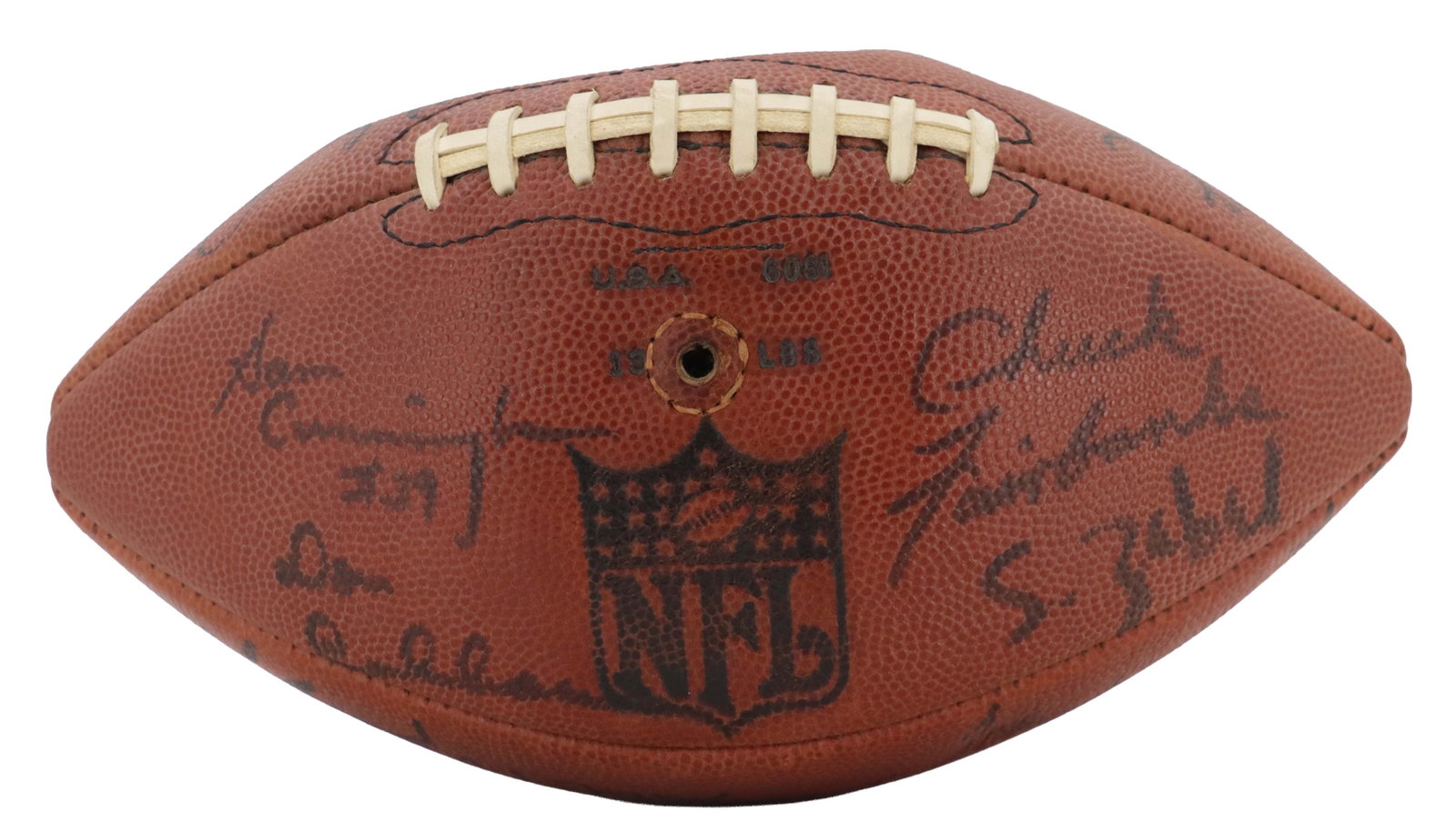 Vintage Rawlings 100 Football Signed by Members of New England Patriots All-1970s Team: Vintage Rawlings 100 Football Signed by Members of New England Patriots All-1970s Team. Signatures include Outside Linebacker Steve Zabel, Running Back Sam Cunningham, Coach Leo Fairbanks, and many mo
