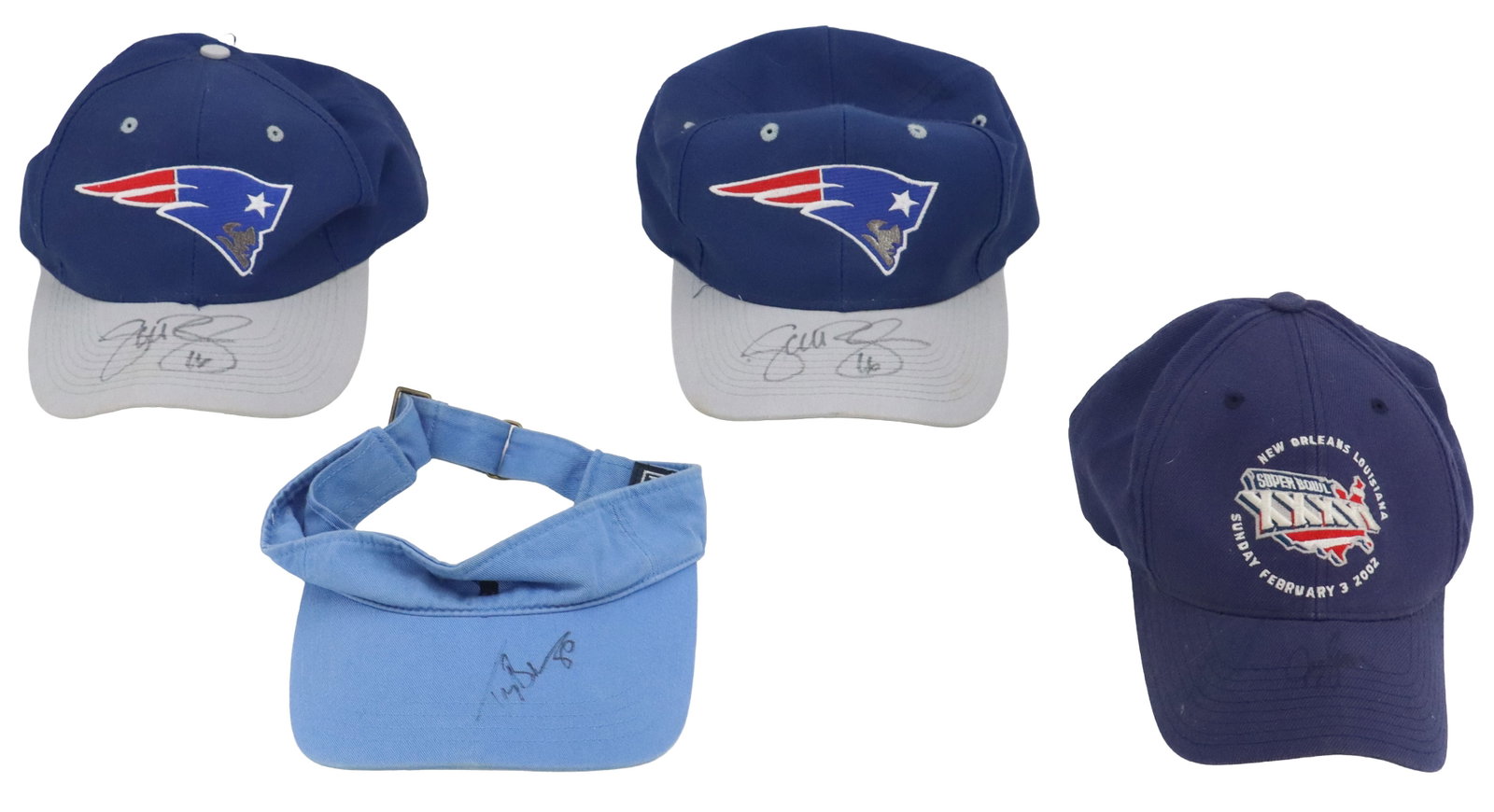 (4) Signed New England Patriots Memorabilia Hats: (4) Signed New England Patriots Memorabilia Hats. Includes branded pieces from the New England Patriots and Super Bowl XXXVI, as well as a visor with the polo logo on it. Each signed on the brim, the