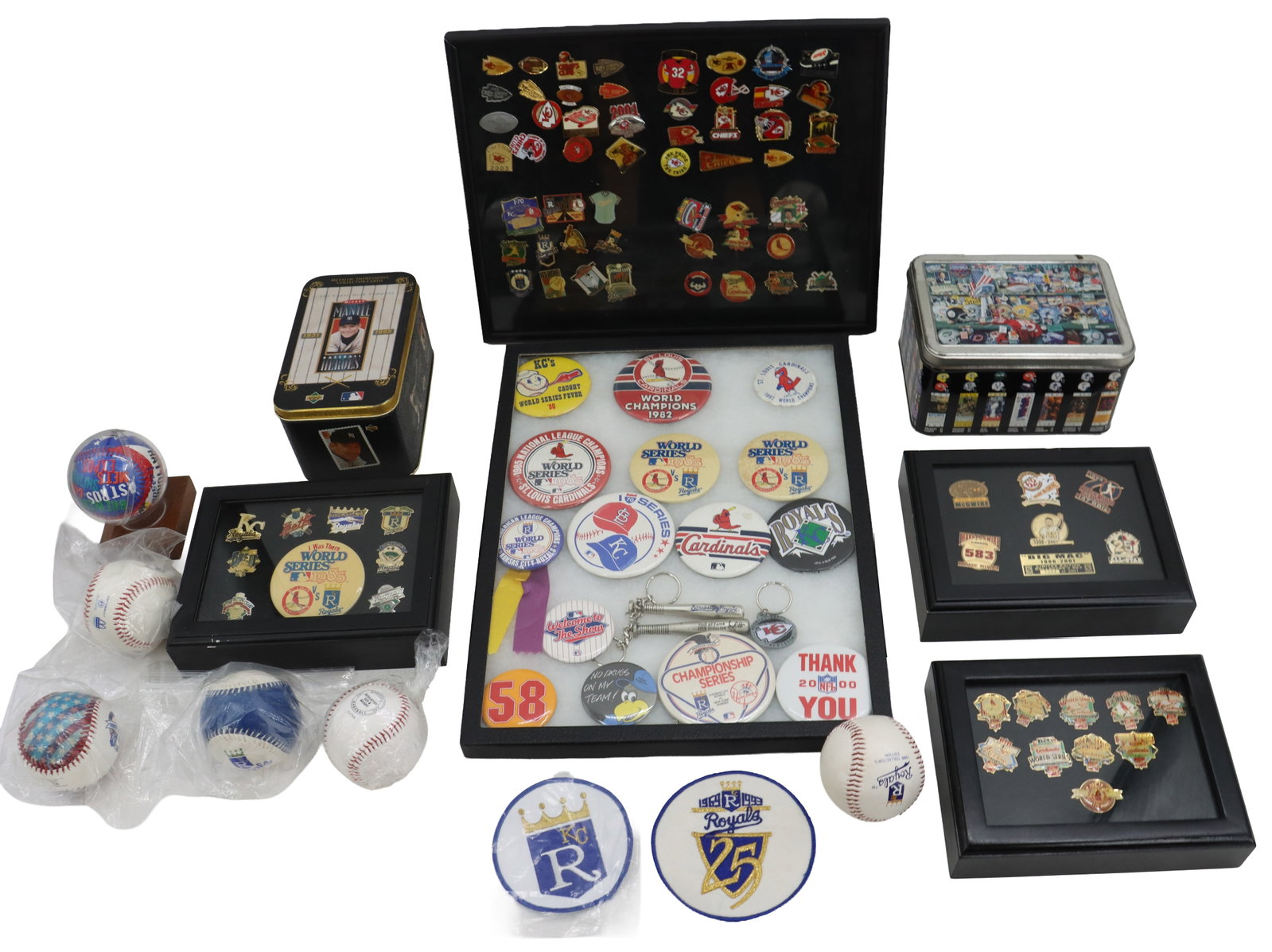 Collection of Vintage McDonalds Baseball Memorabilia: Collection of Vintage McDonalds Baseball Memorabilia. Collection of vintage baseball memorabilia includes framed pin sets, World Series and championship buttons, commemorative baseballs, an