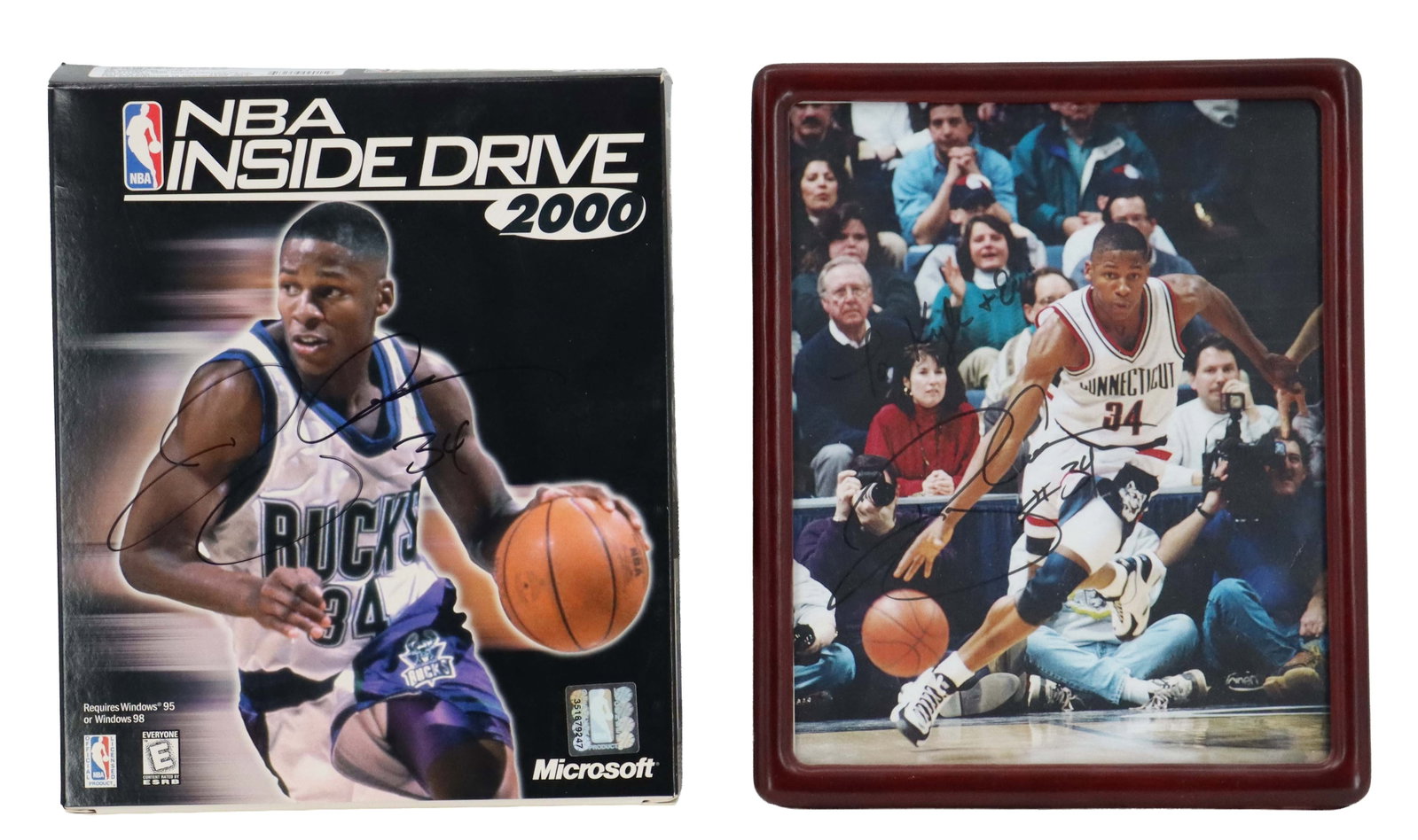 "NBA Inside Drive 2000" and Photograph Signed by Ray Allen: "NBA Inside Drive 2000" and Photograph Signed by Ray Allen. Lot includes signed copy of the NBA Inside Drive 2000 PC game box and a framed action photograph, both autographed by Ray Allen