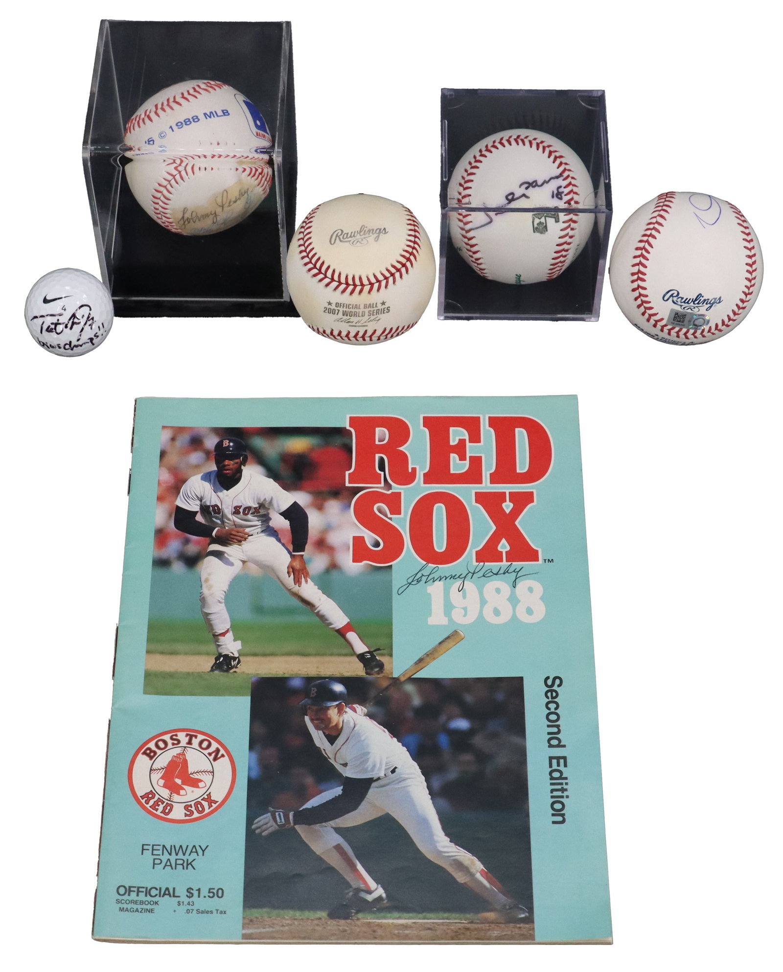 (5) Signed Sports Memorabilia: (5) Signed Sports Memorabilia. This sports memorabilia lot features a 1988 Boston Red Sox Fenway Park official scorebook magazine paired with four signed baseballs and one autographed Nike golf ball.