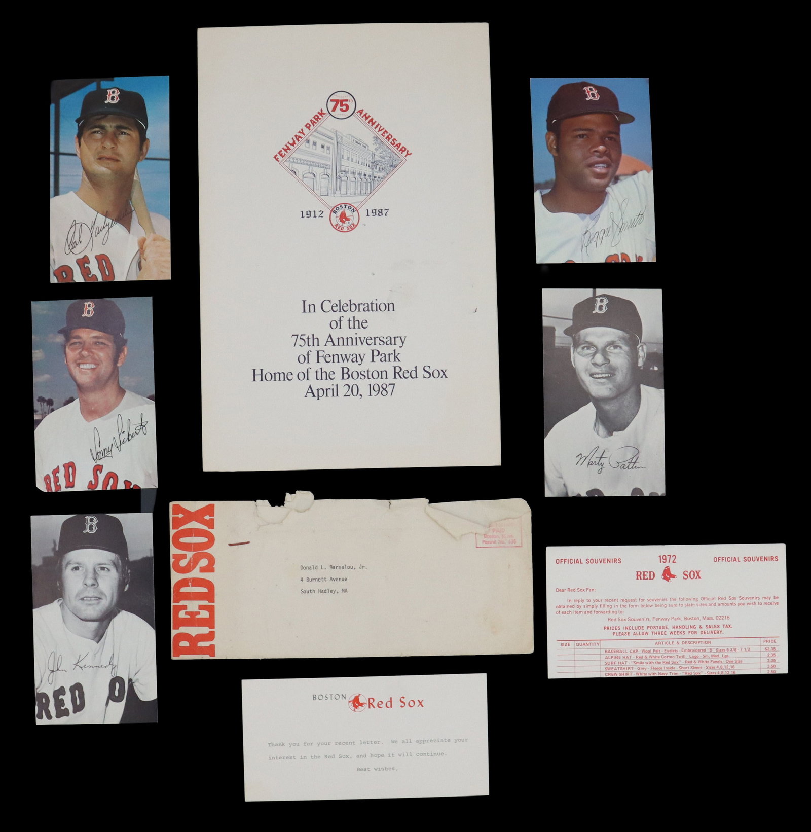 Boston Red Sox Commemorative Papers and Photographs: Boston Red Sox Commemorative Papers and Photographs. This collection commemorates the Boston Red Sox, highlighted by a central 1987 program celebrating the 75th anniversary of Fenway Park. It