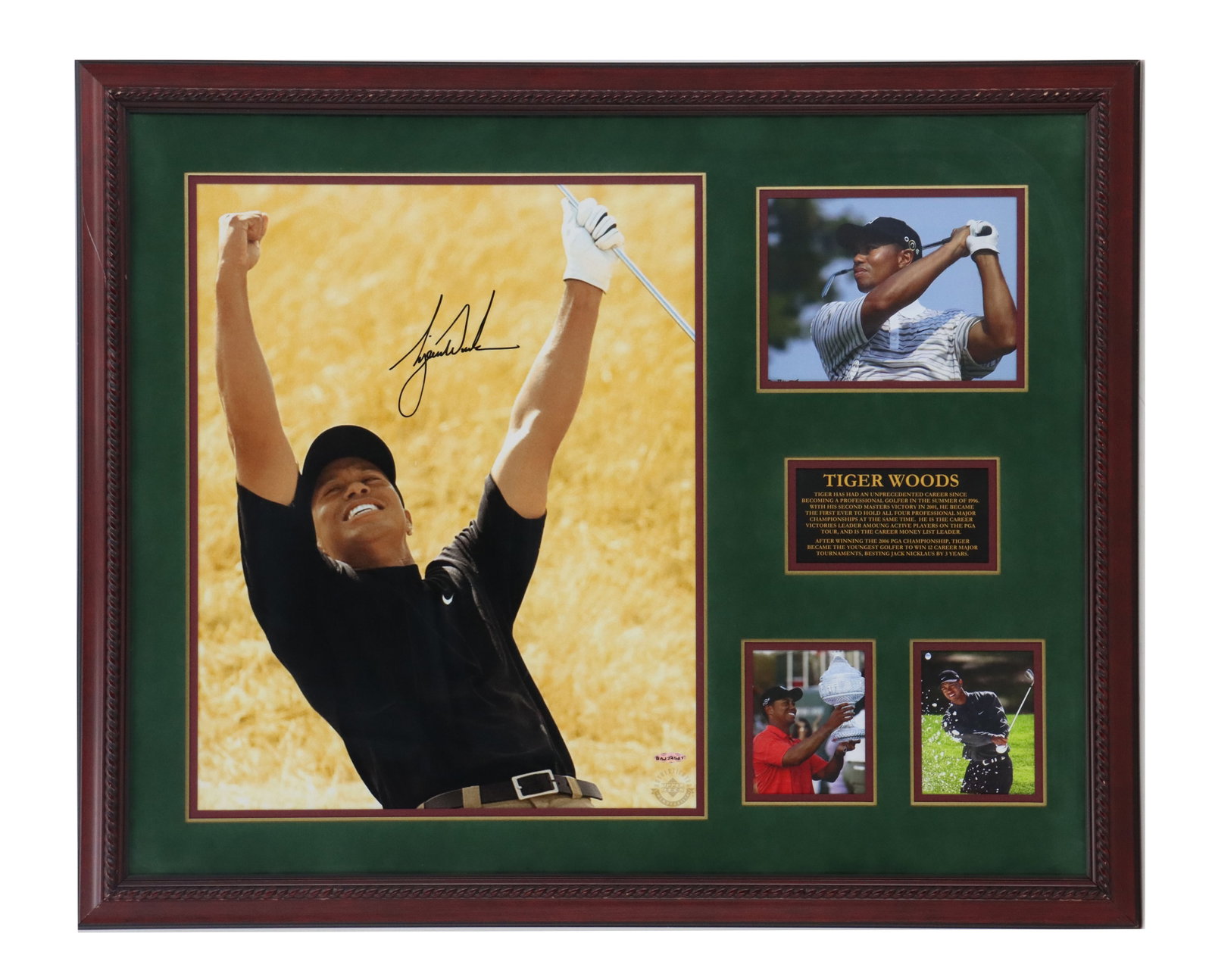 Autographed Tiger Woods Commemorative Plaque: Autographed Tiger Woods Commemorative Plaque. Framed Tiger Woods memorabilia collage featuring a large signed photograph of him celebrating, three smaller action shots, and a gold-engraved plaque