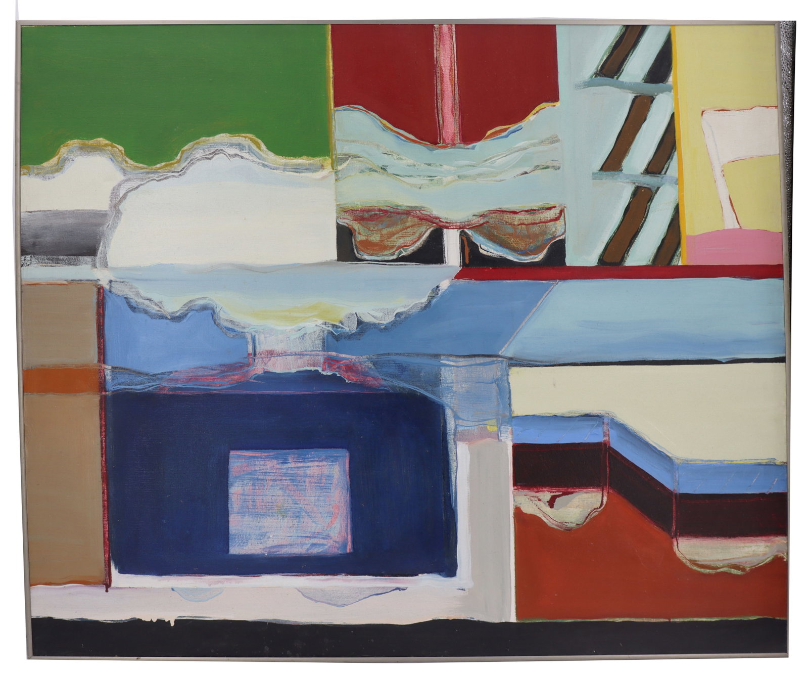 Large Abstract Oil Painting in the Style of Richard Diebenkorn: Large Abstract Oil Painting in the Style of Richard Diebenkorn. With geometric and lyrical elements found in Diebenkorns Ocean Park Series beginning in the late 1960's. size: 37 3/4 x 43 1/2 in.