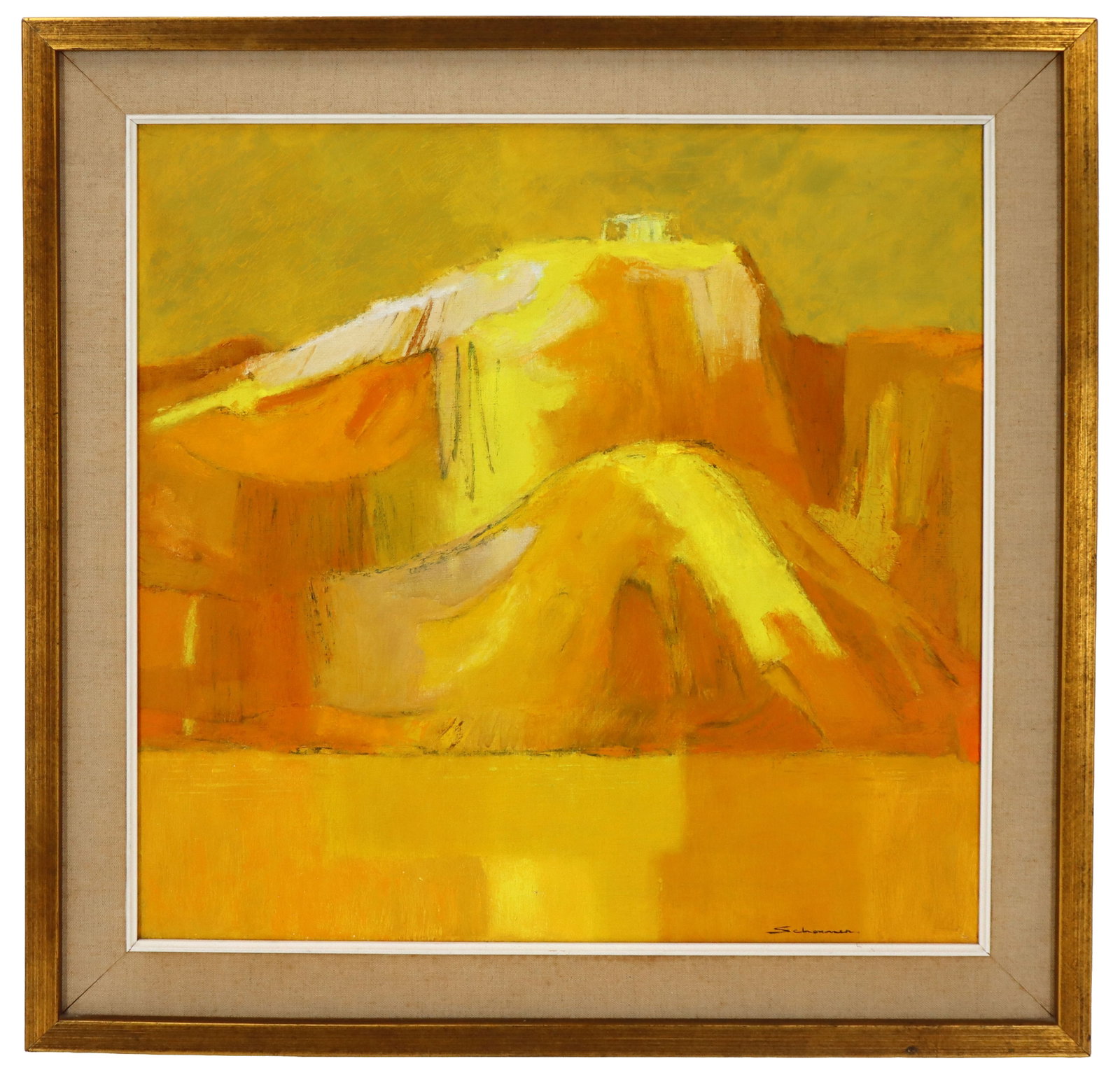 Jason Schoener (1919-1997) American, Abstract Oil on Canvas, "Sunion Revisted": Jason Schoener (1919-1997) American, Abstract Oil on Canvas, "Sunion Revisted". Signed lower right. Titled and dated 1963 on label verso. Born in Cleveland, Ohio in 1919, Schoener came from