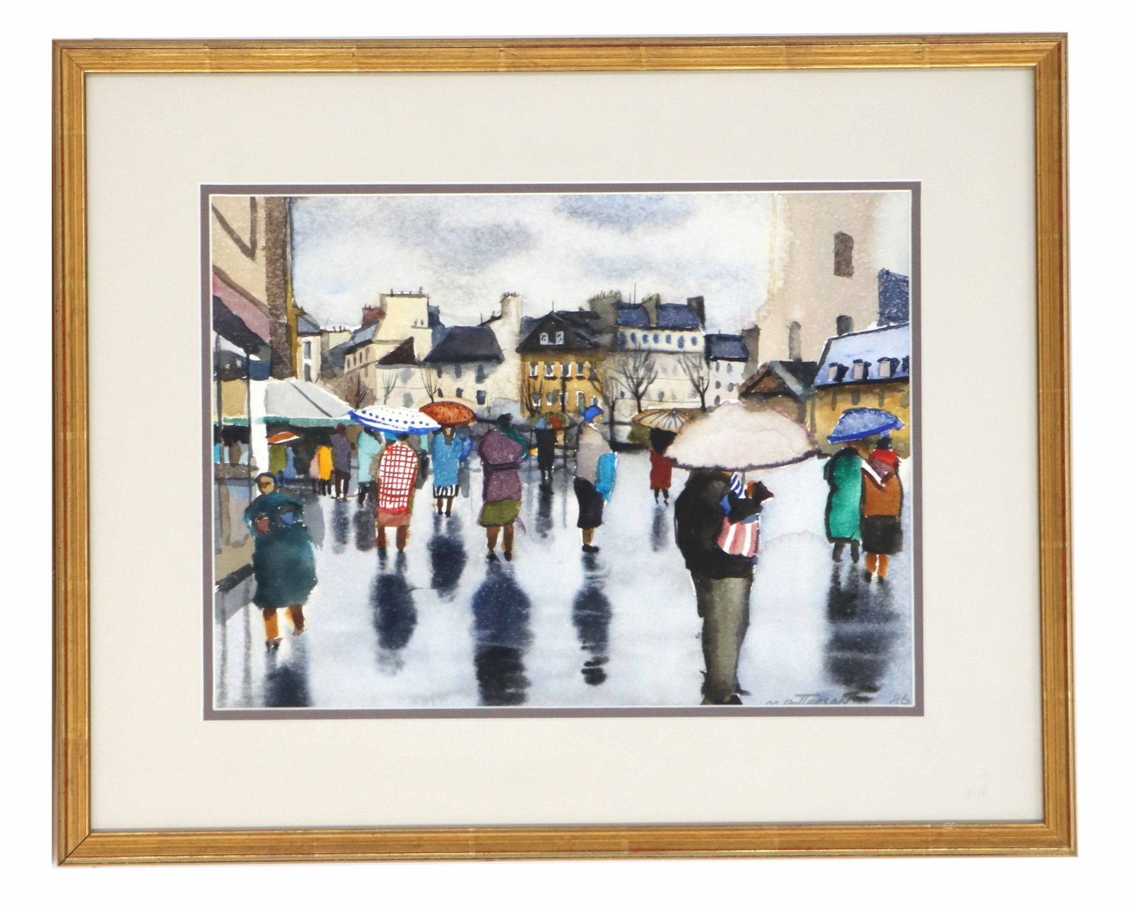 Michael Patterson (Born 1963) American, Watercolor on Paper Expressionist Crowd Scene: Michael Patterson (Born 1963) American, Watercolor on Paper Expressionist Crowd Scene. Expressionist watercolor painting depicts a bustling European city street on a rainy day, featuring numerous figu