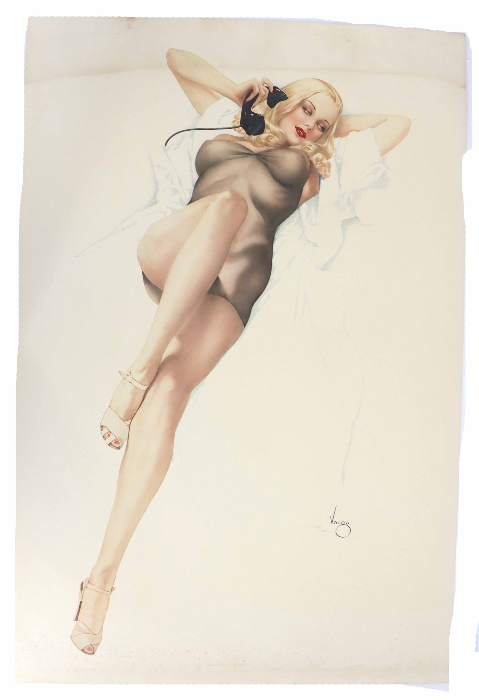 Alberto Vargas (1896-1982) American, Numbered Lithograph Pin-Up: Alberto Vargas (1896-1982) American, Numbered Lithograph Pin-Up. Titled "First Love". Limited edition lithograph distributed by the Spencer Museum of Arts, printed 1986. Pencil numbered 379/