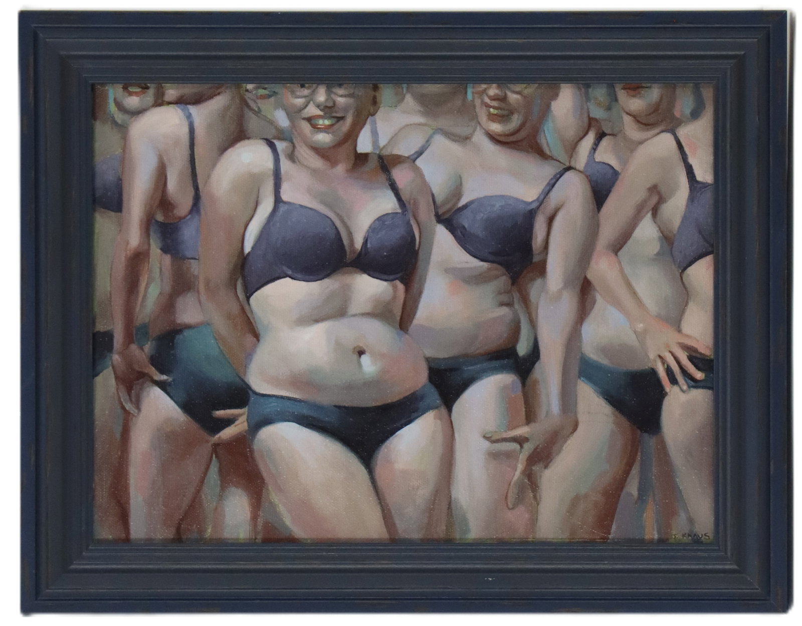 Jennifer Knaus (Born 1963) American, Oil on Canvas: Jennifer Knaus (Born 1963) American, Oil on Canvas. Depicts a gaggle of women in bathing suits. Signed bottom right. Overall Size: 11 x 14 in. Sight Size: 8 1/2 x 11 1/2 in. Jen