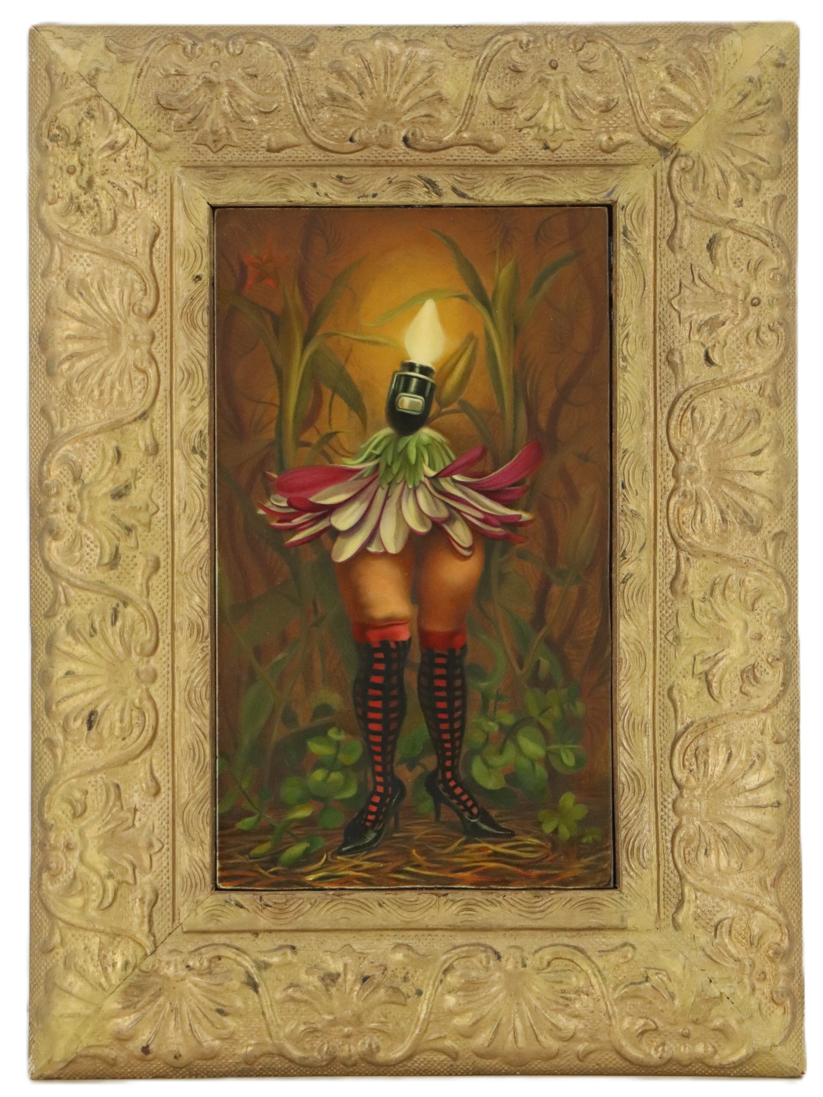 Jennifer Knauss (Born 1963) American, Oil on Canvas Pop Surrealist "Little Legs": Jennifer Knauss (Born 1963) American, Oil on Canvas Pop Surrealist "Little Legs". Whimsical Pop Surrealist painting depicts a hybrid figure with a glowing lightbulb head, a floral petal skir
