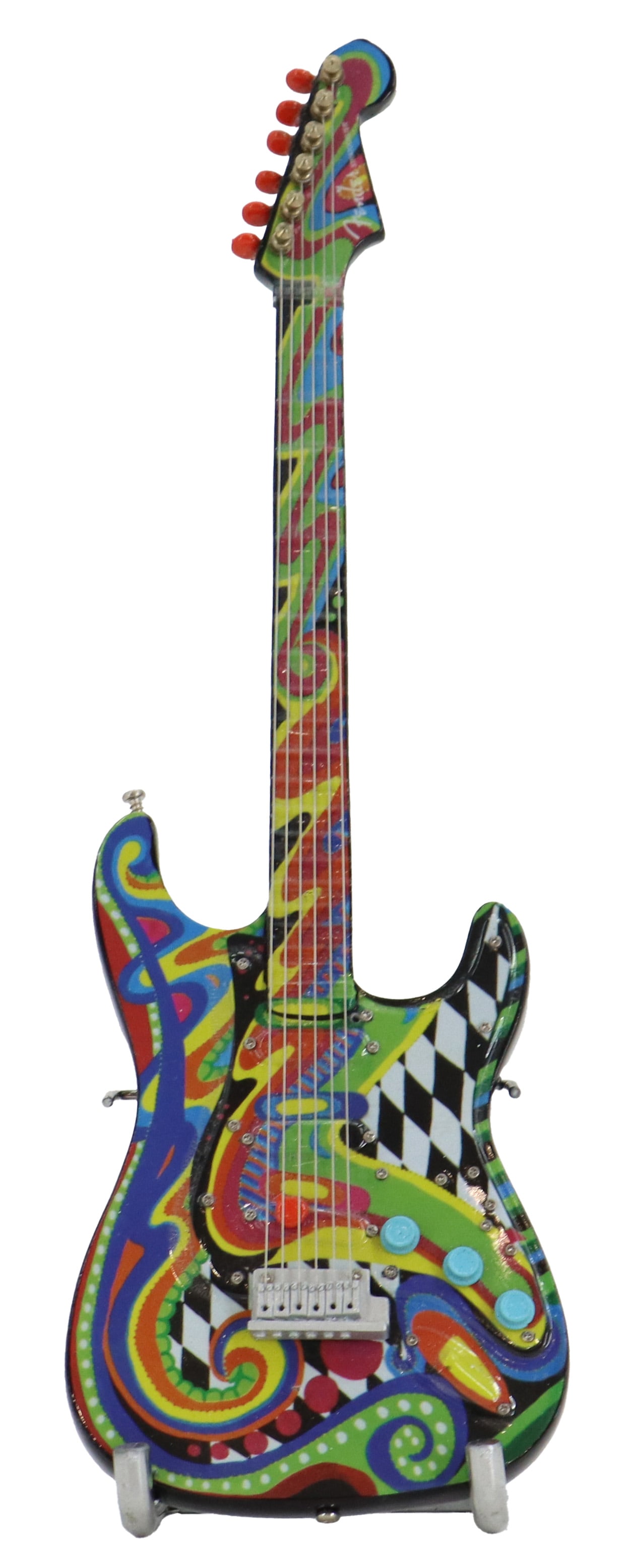 2014 Rock n' Roll Hall of Fame Fender Guitar Mania Miniature Guitar and Stand: 2014 Rock n' Roll Hall of Fame Fender Guitar Mania Miniature Guitar and Stand. Miniature electric guitar featuring a vibrant, psychedelic finish with swirling multi-colored patterns, ch