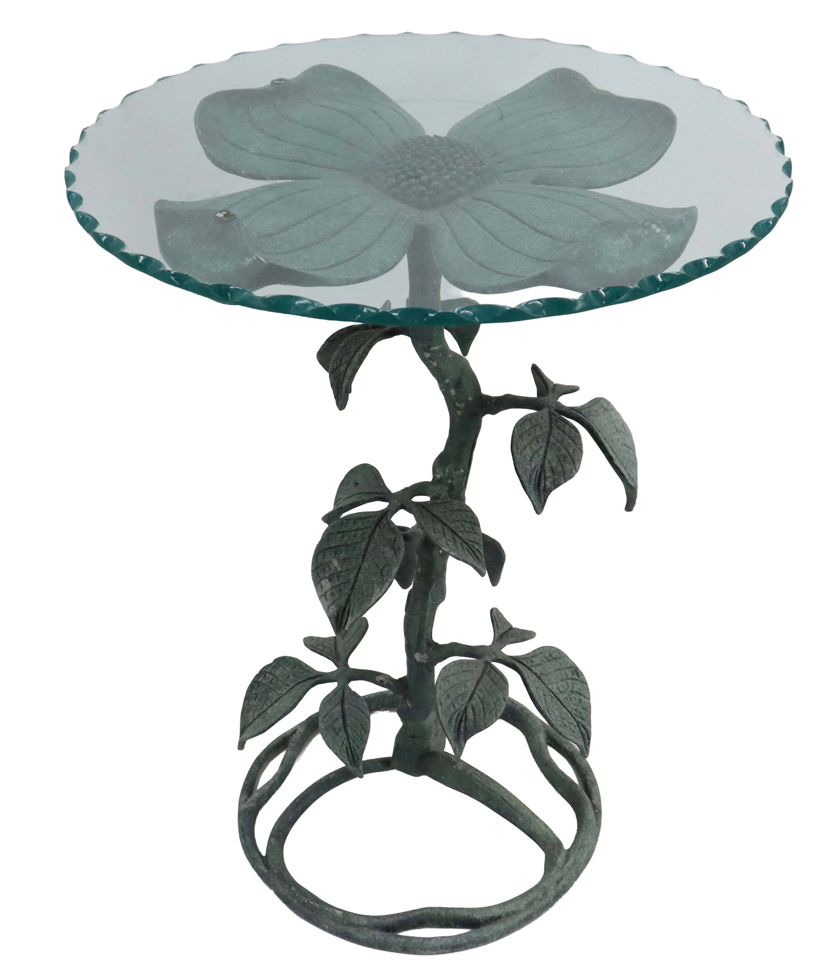 Dogwood Form Verdigris Over Aluminum Scalloped Glass Top Side Table (1 of 20)