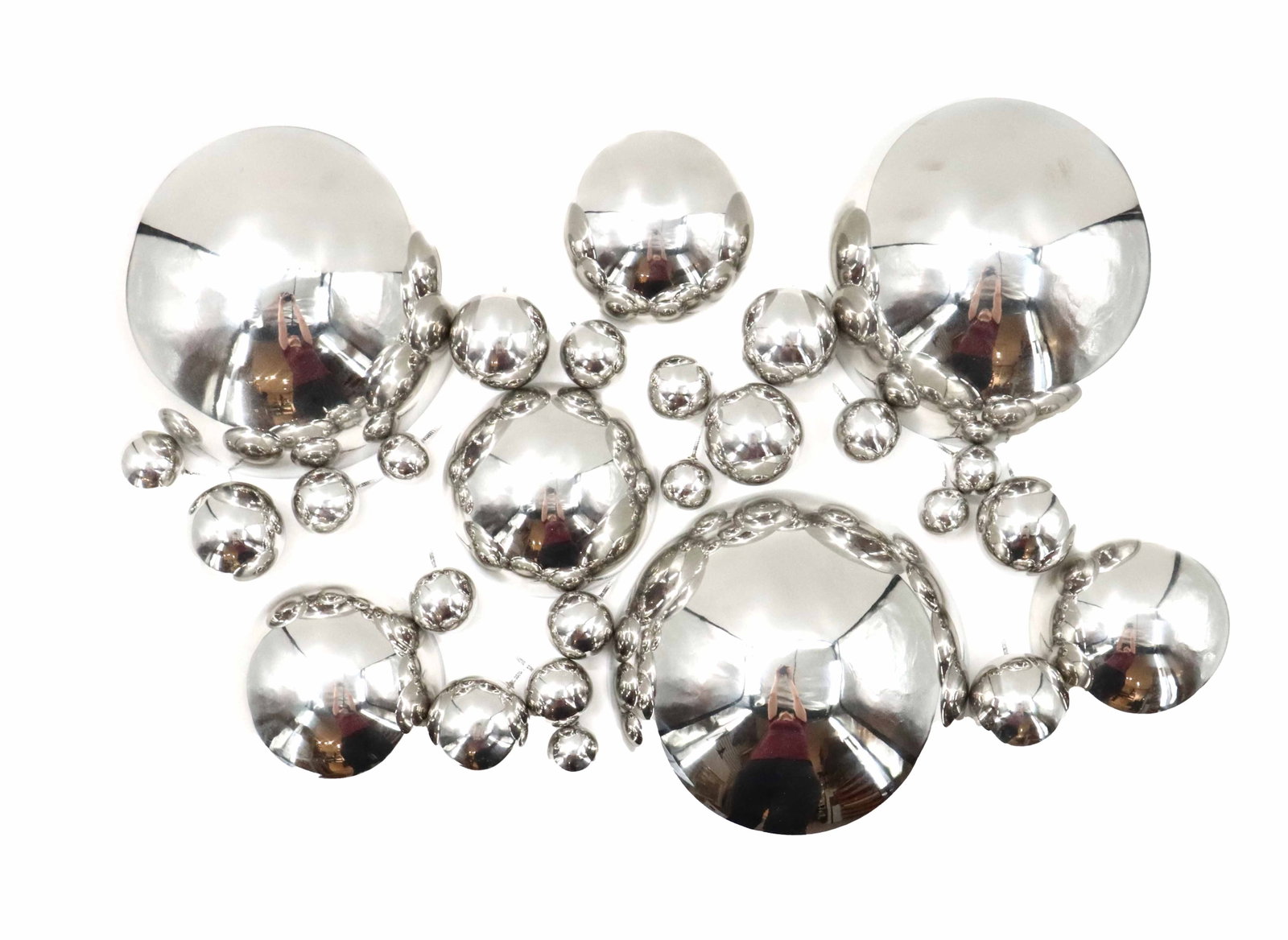 Gold Leaf Design Group Stainless Steel Half Ball Wall Art: Gold Leaf Design Group Stainless Steel Half Ball Wall Art. Modern wall sculpture features a dynamic cluster of various-sized, highly polished chrome spheres that create a multidimensional, bubbling ef