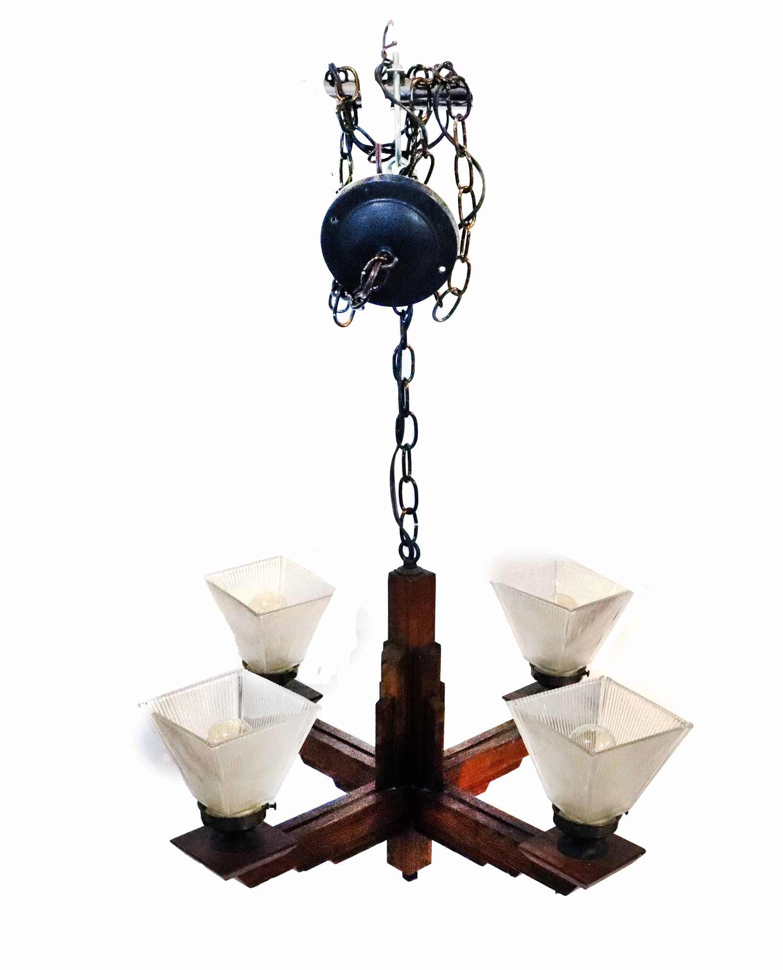 Vintage Art Deco Oak Chandelier: Vintage Art Deco Oak Chandelier. The four arms have classic straight lines and a mix of rounded and sharp edges, reminiscent of the architecture of the Empire State Building, with four glass squared t