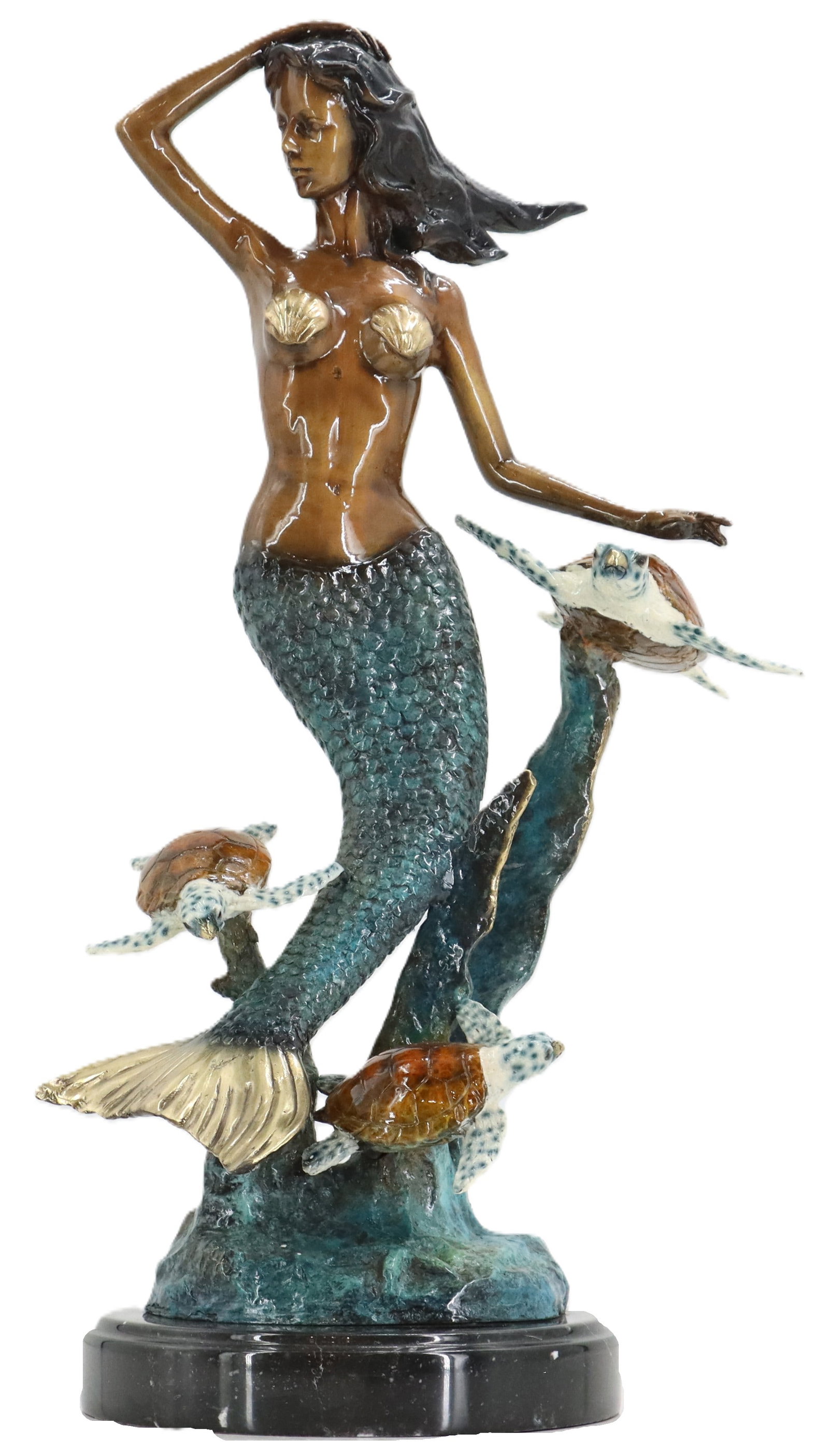 Limited Edition Bronze Mermaid Tabletop Statue: Limited Edition Bronze Mermaid Tabletop Statue. Detailed bronze mermaid sculpture featuring a verdigris-patinated tail and sea turtles swimming alongside her, all mounted on a polished black marble ba