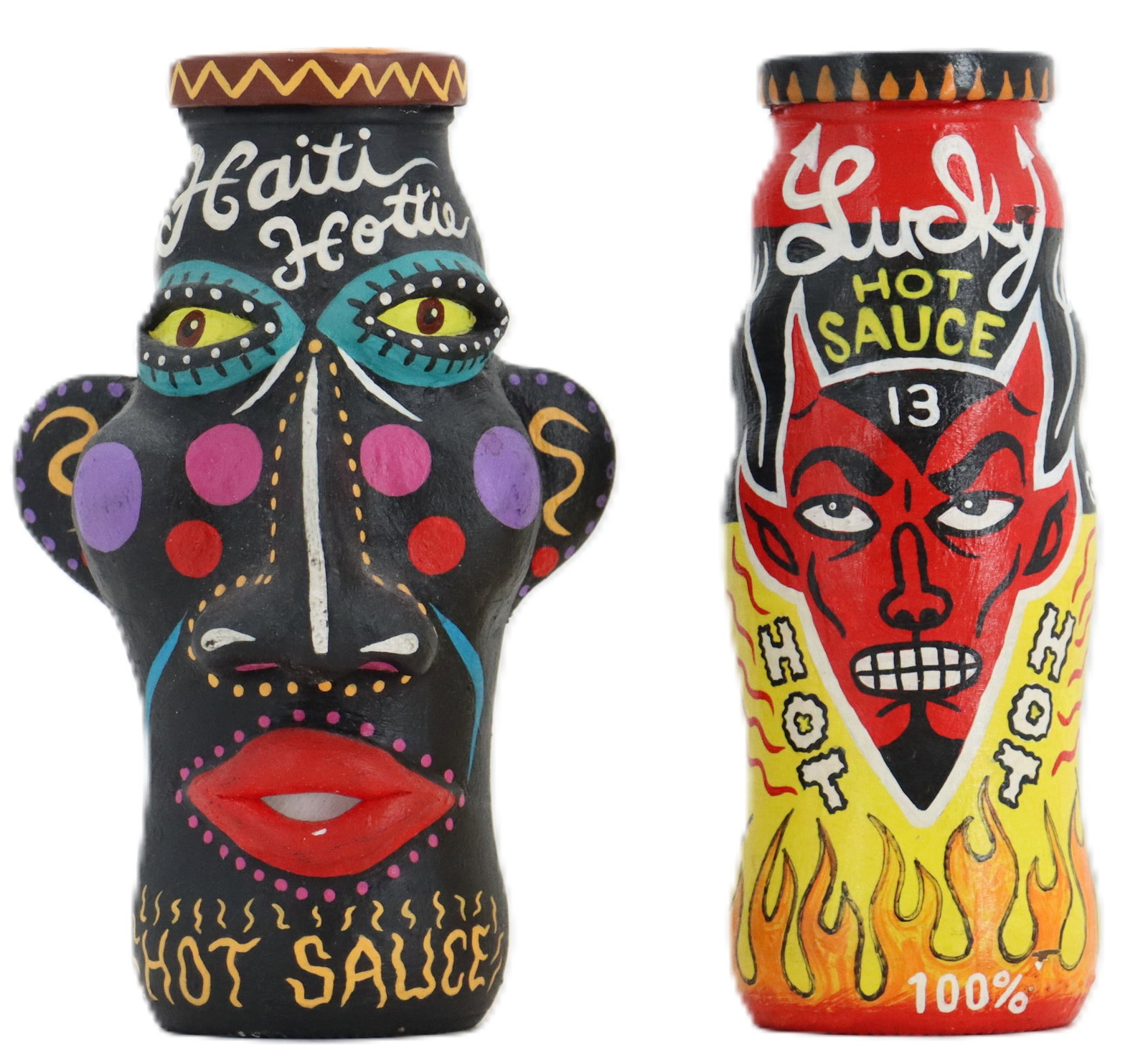Bill Healy (Born 1960) American, (2) Acrylic Figural Bottle Sculptures: Bill Healy (Born 1960) American, (2) Acrylic Figural Bottle Sculptures. Whimsical and vibrant use of recycled materials, turning these bottles into faces, one with the words "Haiti Hottie Hot Sau