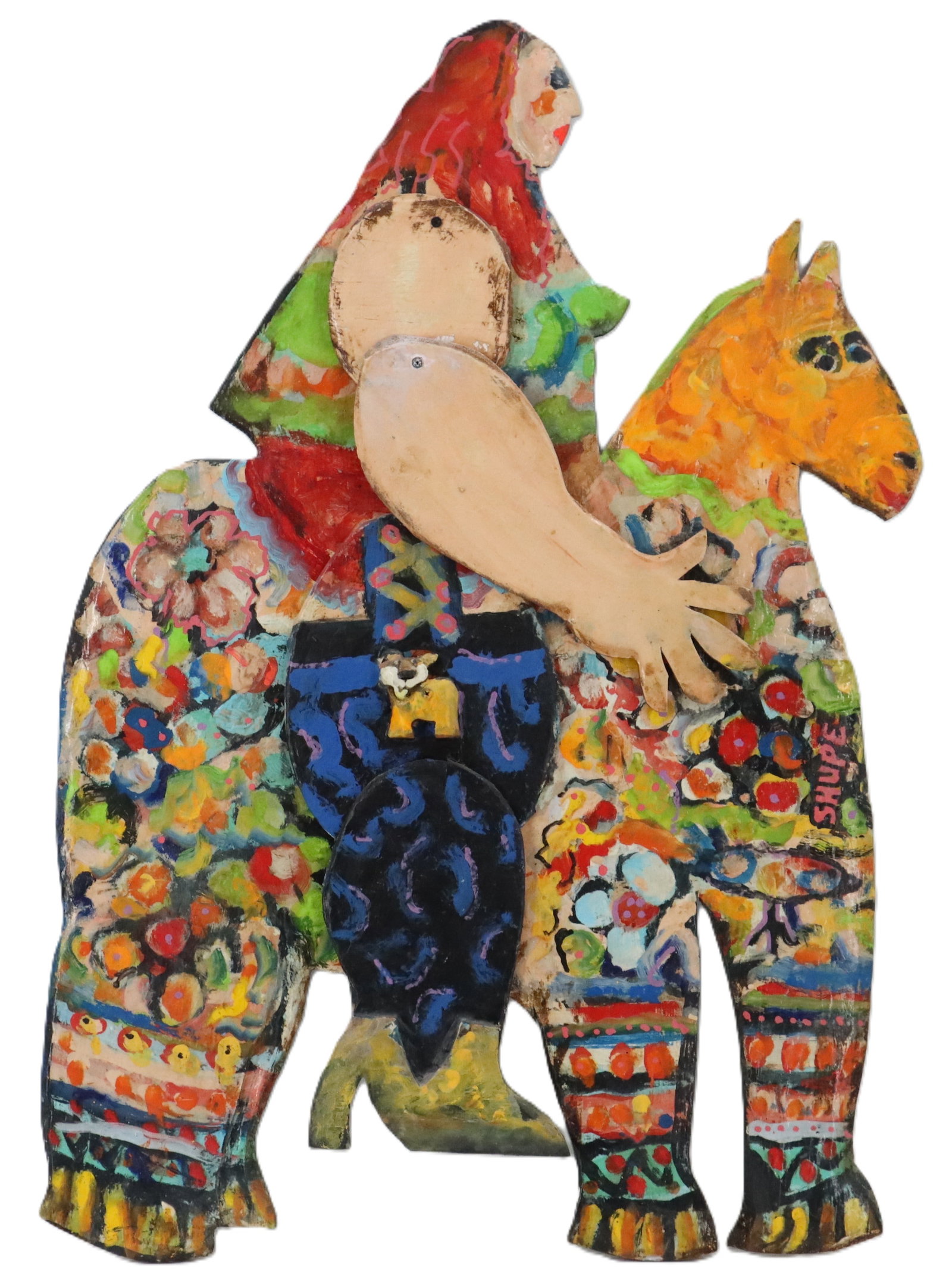 Daniel Shupe (21st Century) American, Acrylic on Wood Kinetic Woman on Horse: Daniel Shupe (21st Century) American, Acrylic on Wood Kinetic Woman on Horse. Vibrant, hand-painted wooden cutout features a stylized female figure riding a horse, both adorned with dense, colorful fl