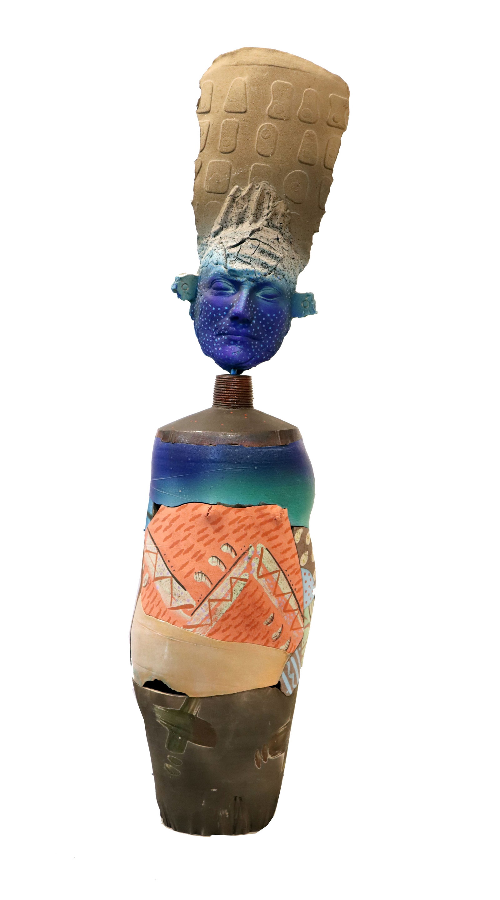 Patrick Shia Crabb (Born 1947) American, Abstract Folk Art Ceramic Totem Sculpture "Dona Rosa II": Patrick Shia Crabb (born 1947) American, Abstract Folk Art Ceramic Totem Sculpture "Dona Rosa II". Contemporary mixed-media ceramic sculpture featuring a blue-toned face with closed eyes ato