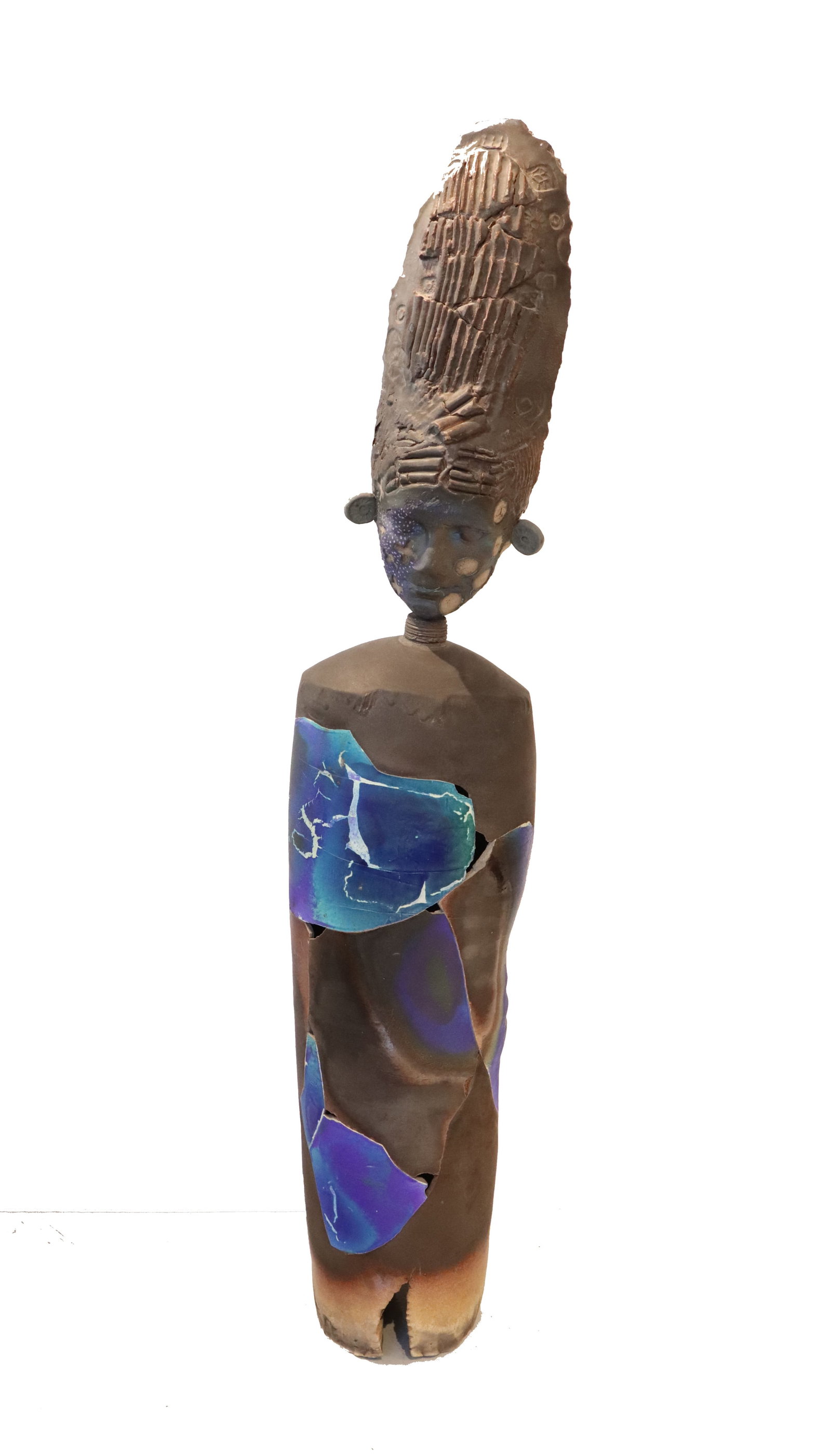 Patrick Shia Crabb (Born 1947) American, Abstract Folk Art Ceramic Totem Sculpture: Patrick Shia Crabb (born 1947) American, Abstract Folk Art Ceramic Totem Sculpture. Contemporary mixed-media sculpture featuring a dark-toned figure with an elongated, textured headpiece and a cylindr