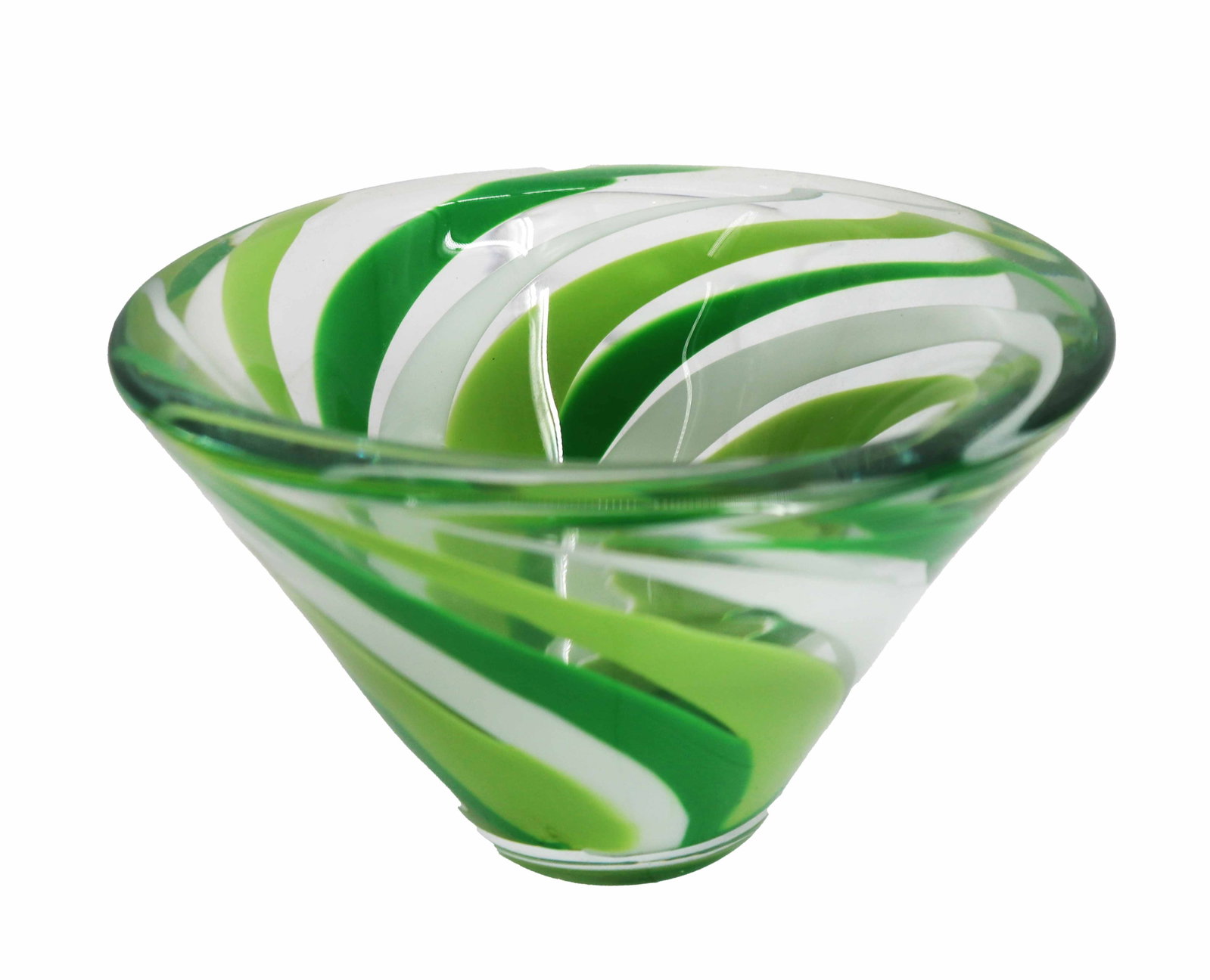 Japanese Mikasa Rockswirl Green Art Glass Cone Bowl: Japanese Mikasa Rockswirl Green Art Glass Cone Bowl. Part of the Rockswirl line, using two different shades of green along with white and clear glass to create a beautiful spiraling effect. Size