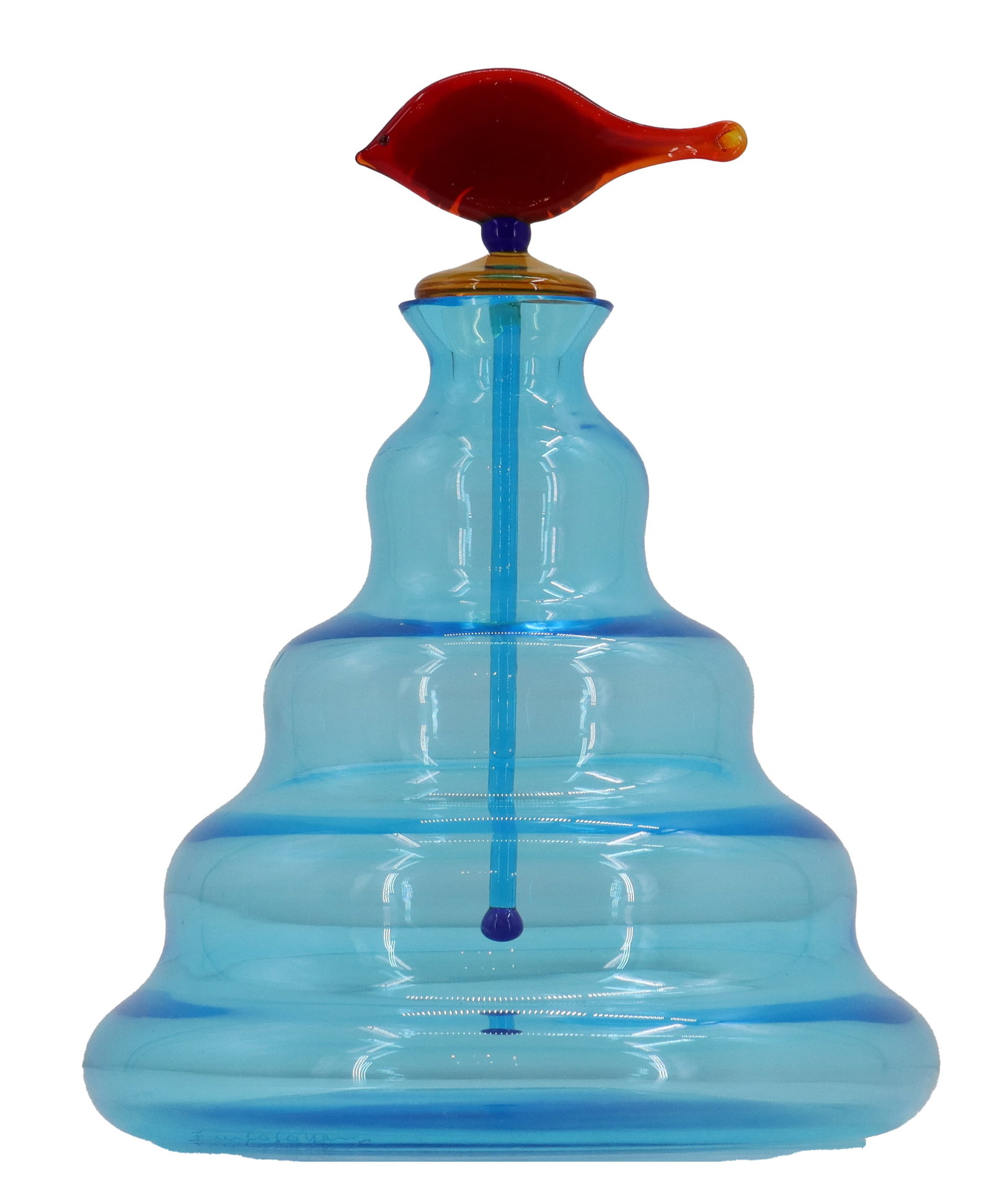 Enrico Cammozzo (20th Century) Italian, Whimsical Art Glass Bottle with Fish Finial: Enrico Cammozzo (20th Century) Italian, Whimsical Art Glass Bottle with Fish Finial. Contemporary blown-glass perfume bottle features a tiered, translucent blue body topped with an artistic red bird-s