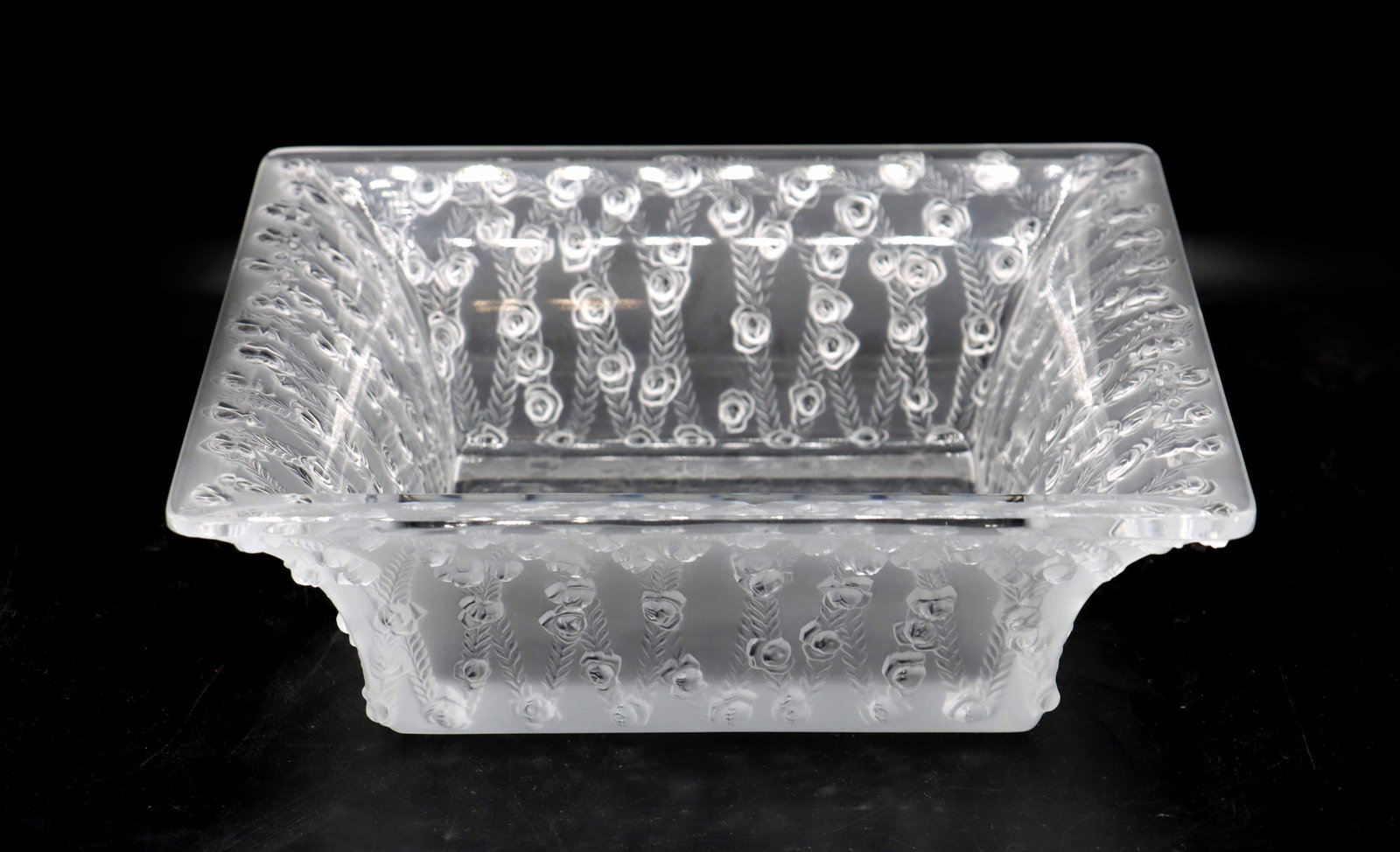 Lalique Frosted Art Glass "Trellised Roses" Square Bowl: Lalique Frosted Art Glass "Trellised Roses" Square Bowl. Clear bottom with the roses climbing vines along the curving sides towards the broad top rim. Signed "CML" and dated
