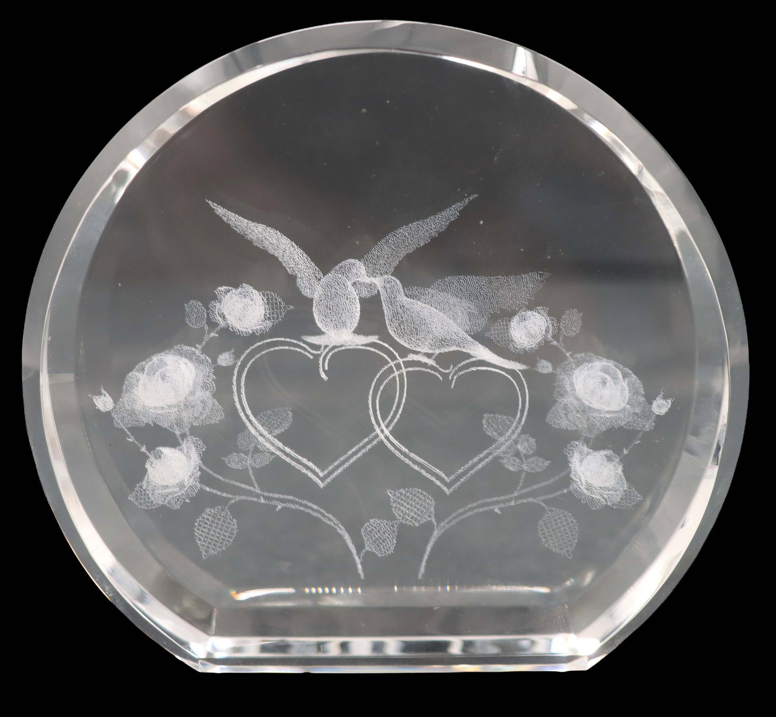Crystal Impressions Etched Lovebirds Sculpture in Box: Crystal Impressions Etched Lovebirds Sculpture in Box. Two birds on hearts surrounded by roses and vines in a circular piece with a flat bottom. Comes with original paperwork and box. Size: 