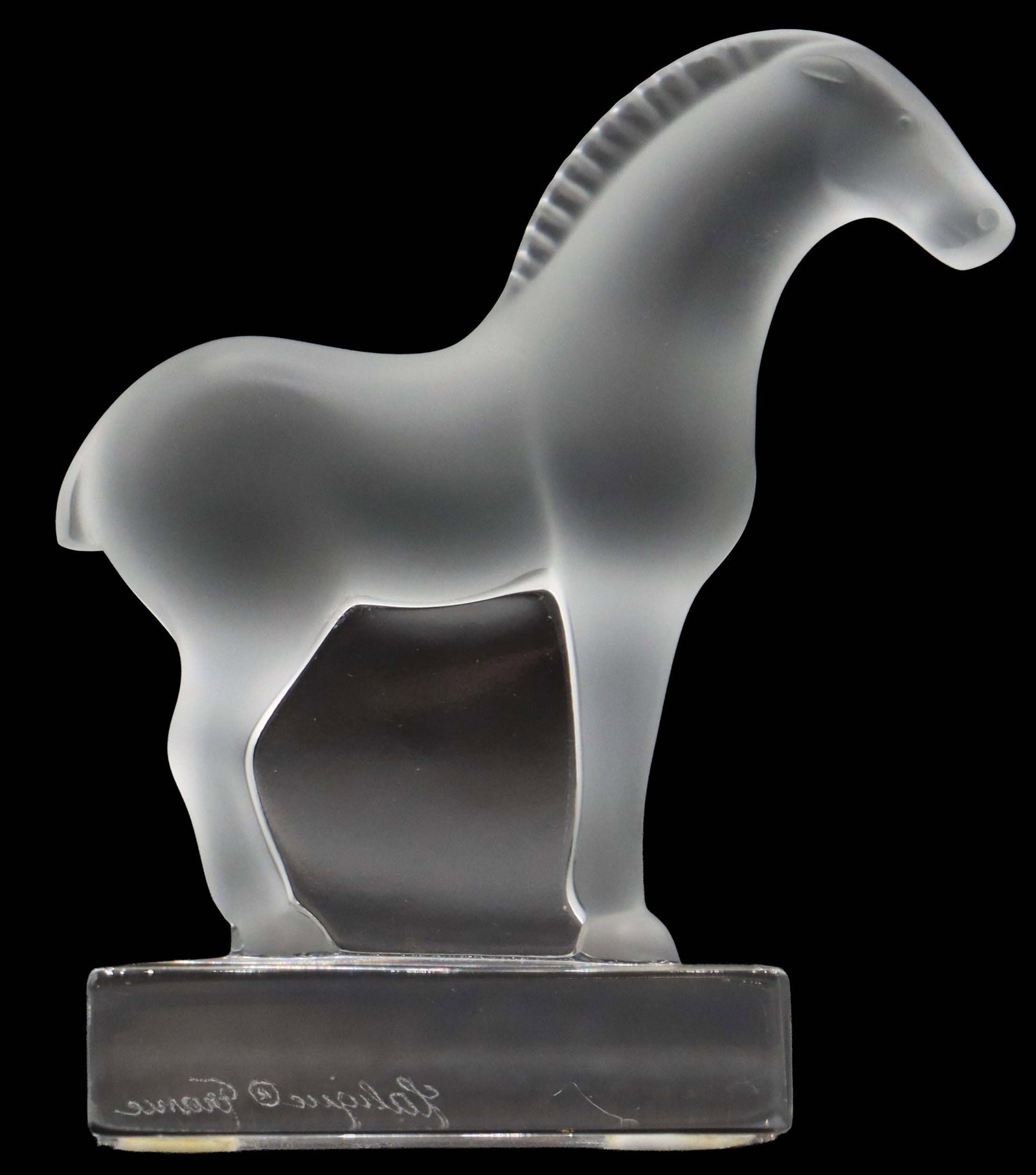 Lalique Frosted Crystal Tang Style Horse Figurine: Lalique Frosted Crystal Tang Style Horse Figurine. Modeled after a form commonly produced in ceramics during the Chinese Tang Dynasty, with a signature on the side of the rectangular base at bottom.&n