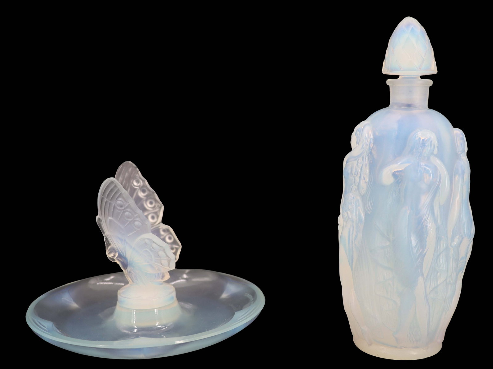 Marius-Ernest Sabino (1878-1961) Italian/French, (2) Sabino Paris Glass Items: Marius-Ernest Sabino (1878-1961) Italian/French, (2) Sabino Paris Glass Items. Both in his signature opalescent art glass, one a trinket dish with a butterfly in the middle, and the other a perfume