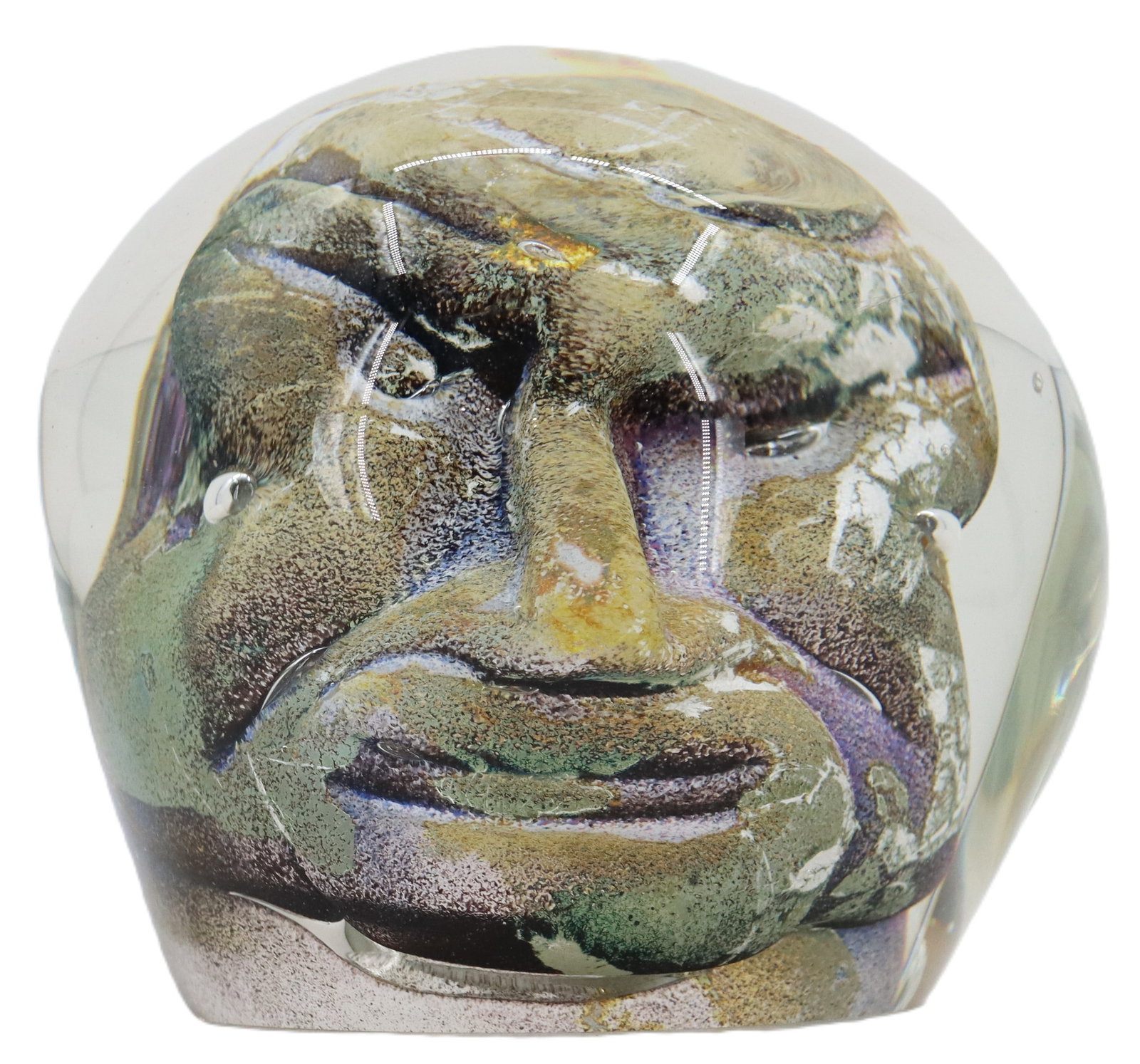 Ken Carder (Born 1955) American, Art Glass Face Paperweight: Ken Carder (Born 1955) American, Art Glass Face Paperweight. The grotesque visage looms out of the glass with iridescent qualities. Signed "K.W. Carder" on the underside and dated