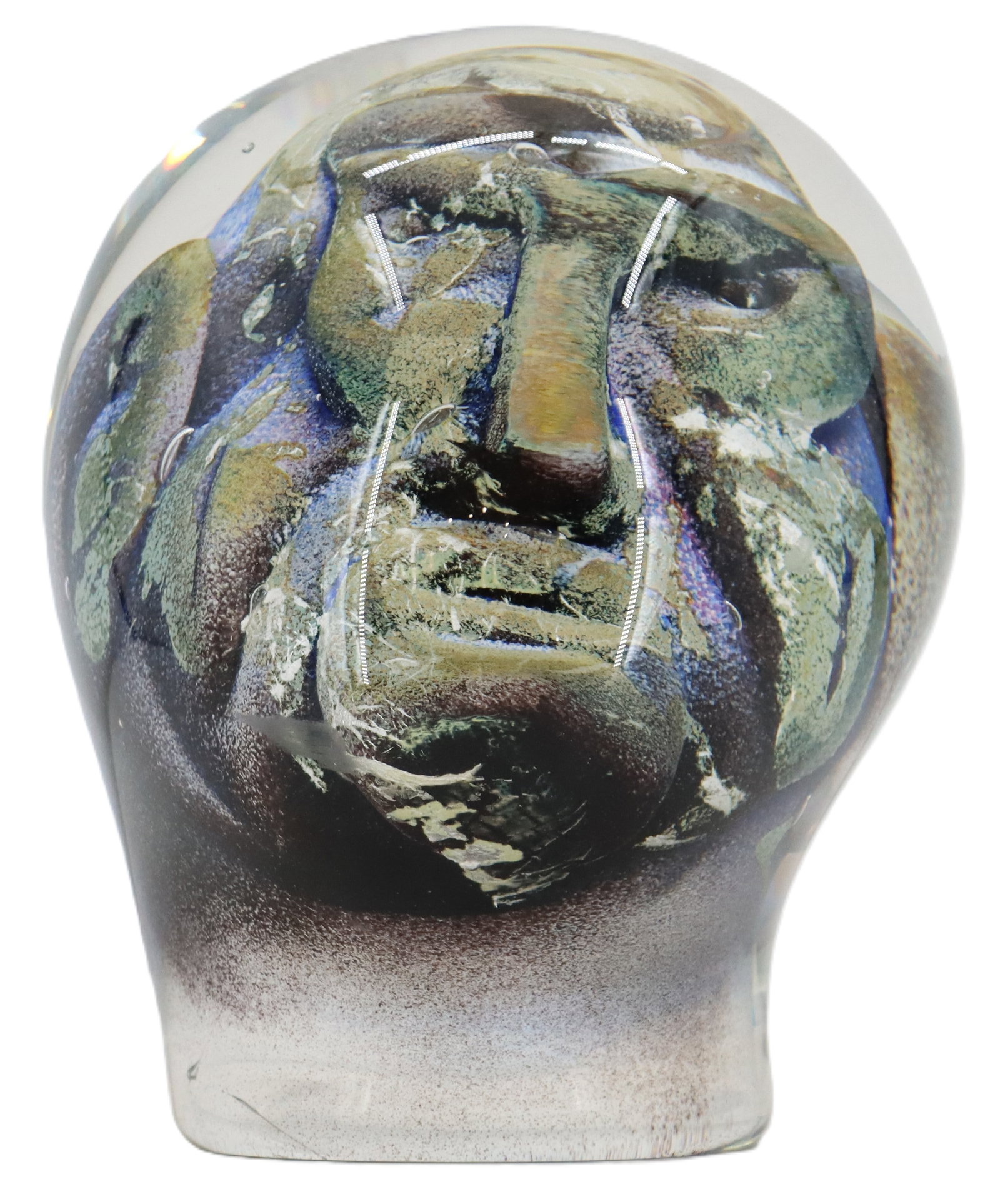 Ken Carder (Born 1955) American, Art Glass Face Sculpture: Ken Carder (Born 1955) American, Art Glass Face Sculpture. The grotesque visage looms out of the glass with iridescent qualities. Signed "K.W. Carder" on the underside and dated '91