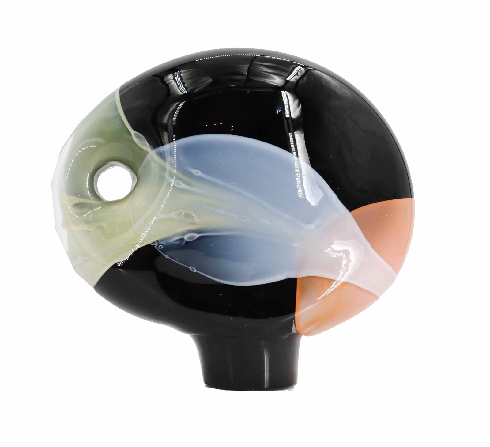 Leon Applebaum (Born 1945) American, Blown Glass Multicolored Fish Sculpture: Leon Applebaum (Born 1945) American, Blown Glass Multicolored Fish Sculpture. Asymmetrical glass art piece or decorative object, primarily featuring a glossy black surface with integrated swirls of op
