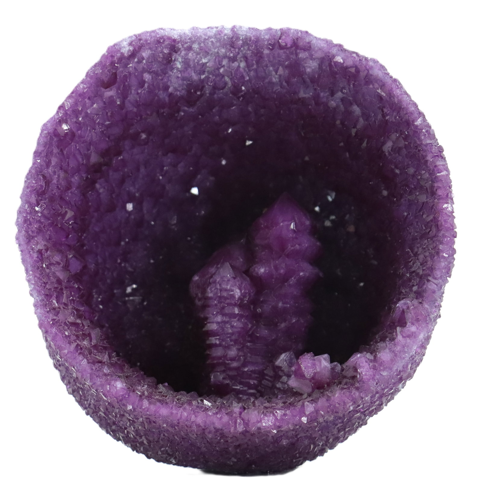 Impressive Cup-Like Amethyst Geode with Inner Nodules: Impressive Cup-Like Amethyst Geode with Inner Nodules. The exterior has been buffed into this shape for easy displaying, with a beautiful inside view. Possibly lab-grown or a consolidation of several
