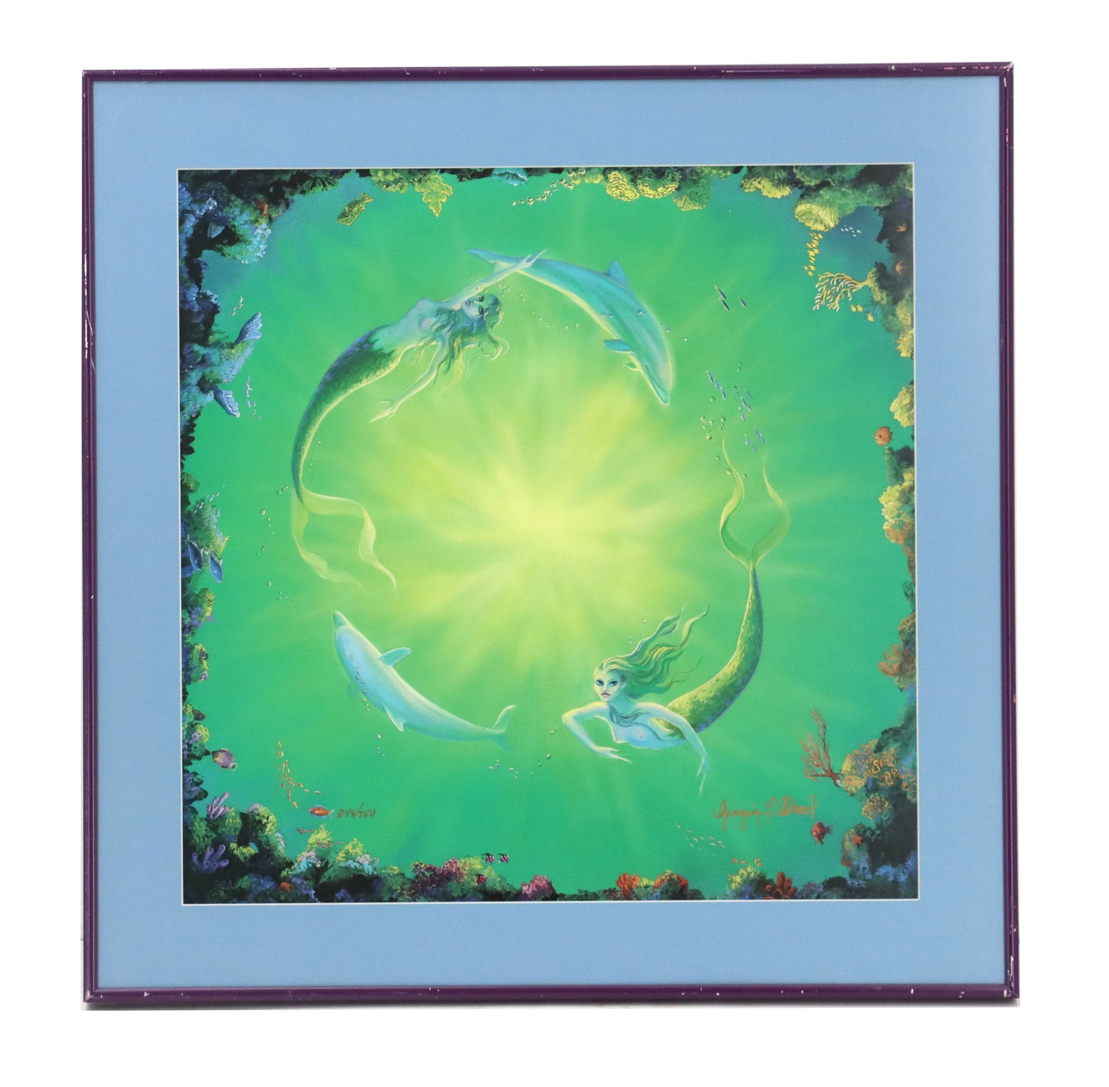 Georgia Abood (21st Century) American, Lithograph Print of Fantastical Underwater Scene "Ocean: Georgia Abood (21st Century) American, Lithograph Print of Fantastical Underwater Scene "Ocean Cycle". Circular-composition art print featuring two mermaids and two dolphins swimming around