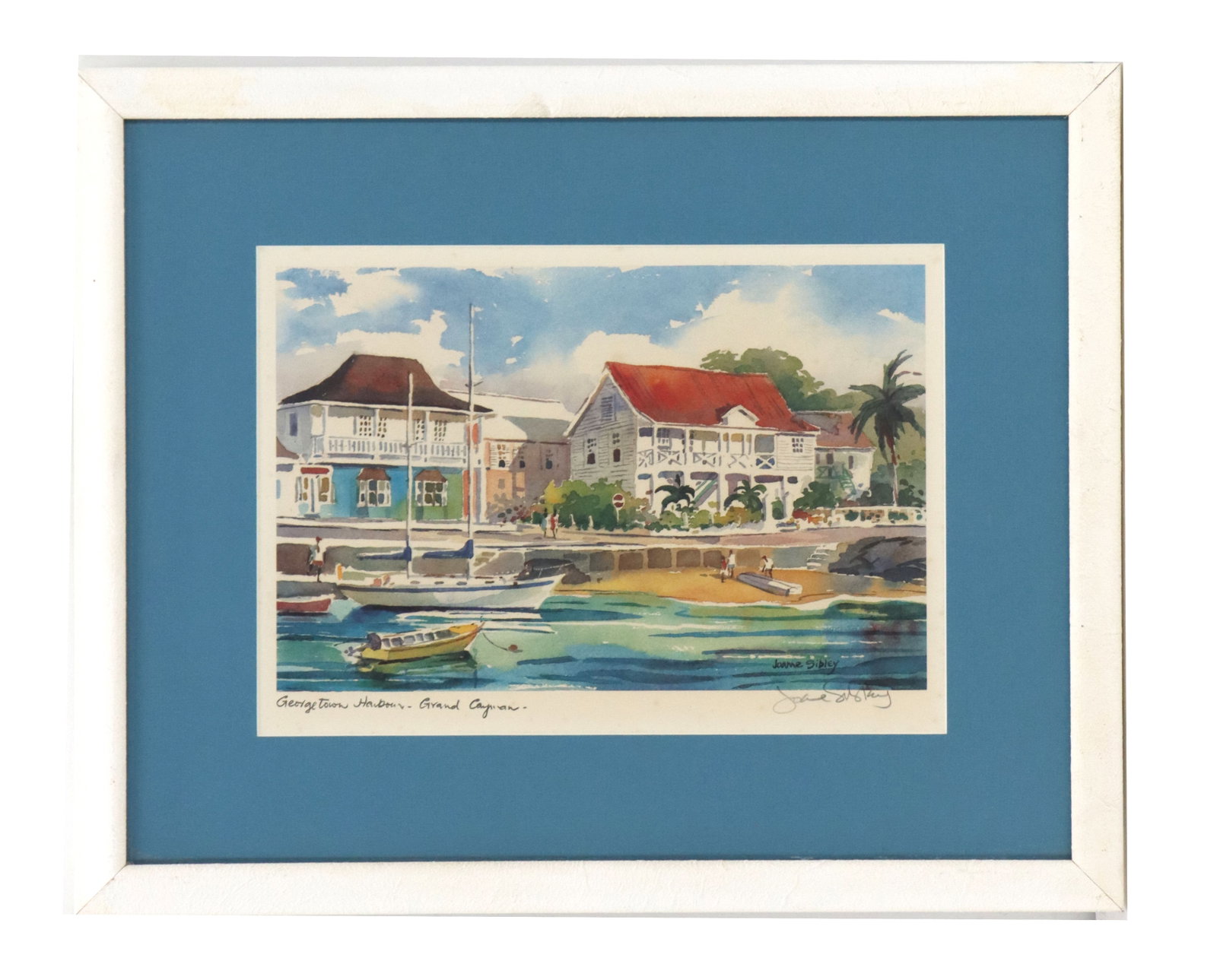 Joanne Sibley (Born 1930) American, Watercolor on Paper Harbor Scene "Georgetown Harbour - Grand: Joanne Sibley (Born 1930) American, Watercolor on Paper Harbor Scene "Georgetown Harbour - Grand Cayman" Landscape. Harbor scene in George Town, Grand Cayman, featuring coastal buildings,