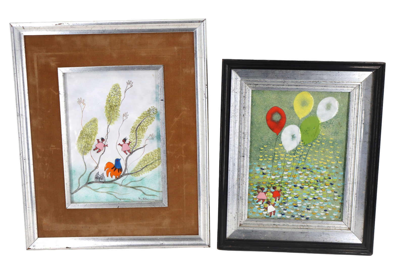 Tina Villanueva (Born 1936), Two Enamel on Copper Paintings: Tina Villanueva (Born 1936), Two Enamel on Copper Paintings. Three girls wiht balloons and two girls in a tree with a chicken. Both signed lower right. Size: 18 x 15 in. Sight Size: 10 1/2 x 7 1/2 in.