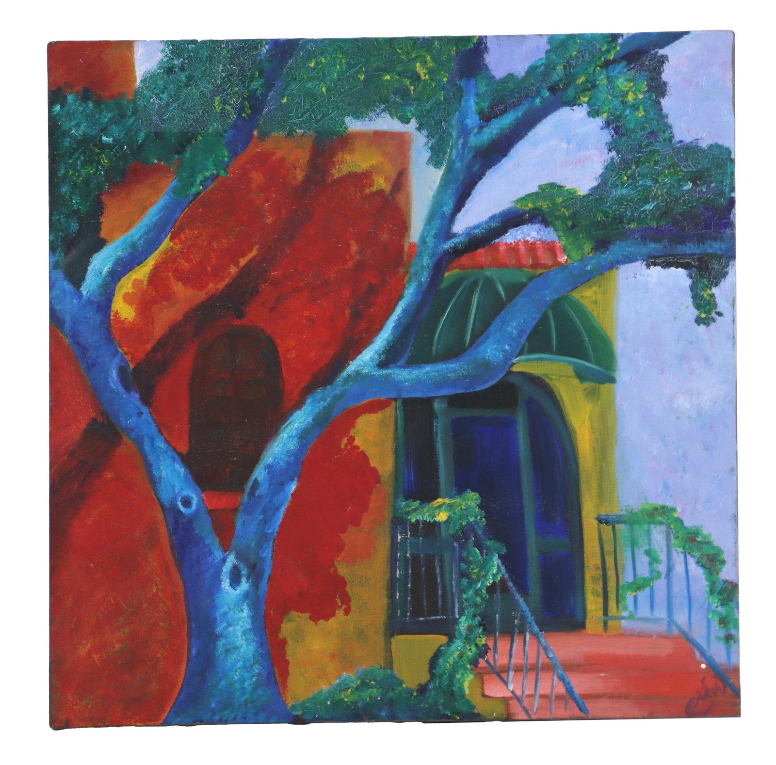Signed Acrylic on Canvas Expressionist House: Signed Acrylic on Canvas Expressionist House. Vibrant, expressionist-style oil or acrylic painting featuring a stylized blue tree in the foreground set against a warm-toned building with a green 